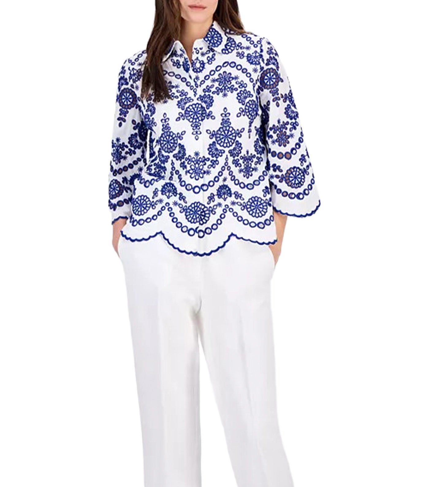 Women's Cotton Eyelet Scalloped Shirt Bright White/ Santorini Blue