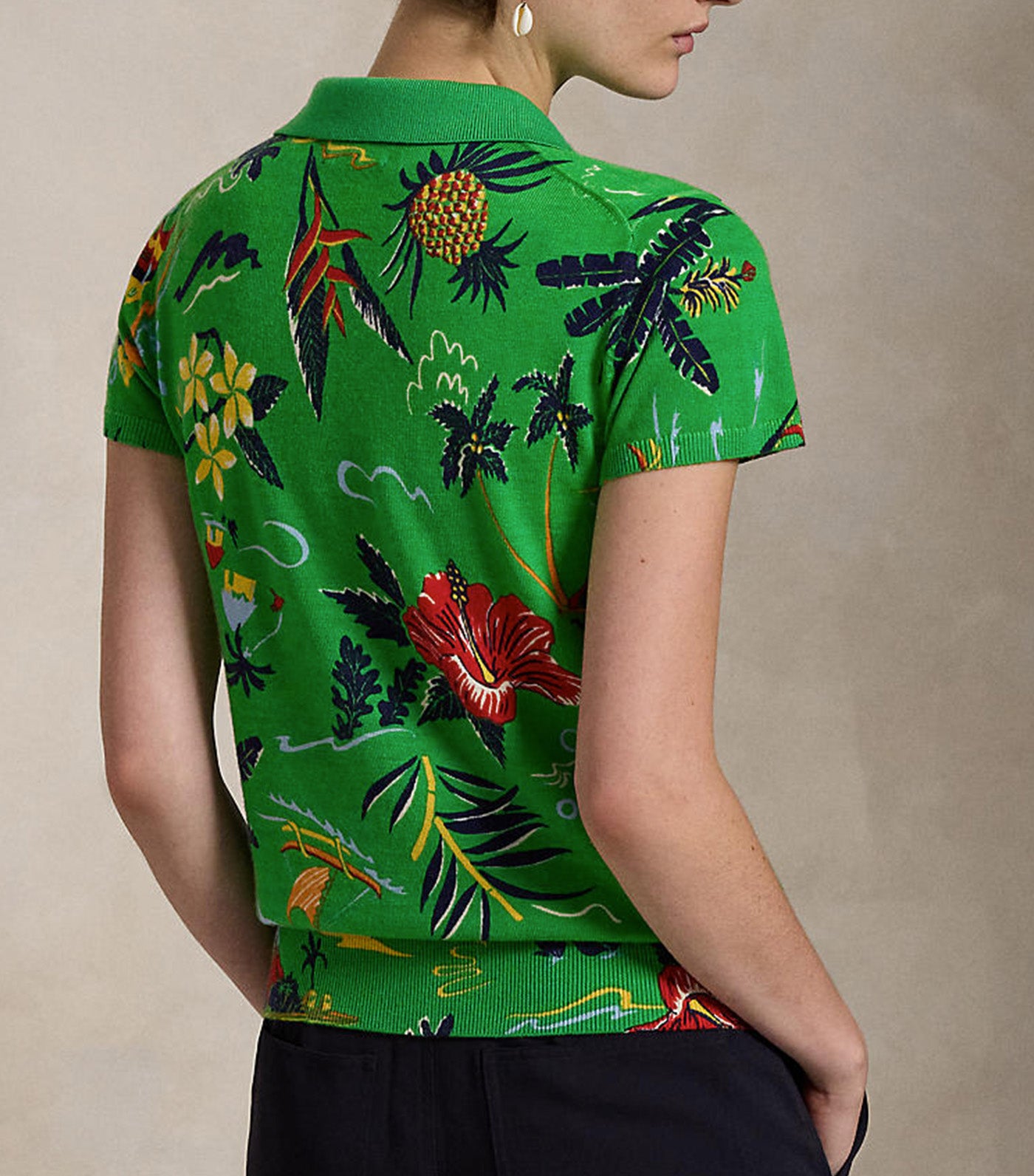 Women's Floral Knit Wool Polo Shirt Green Multi