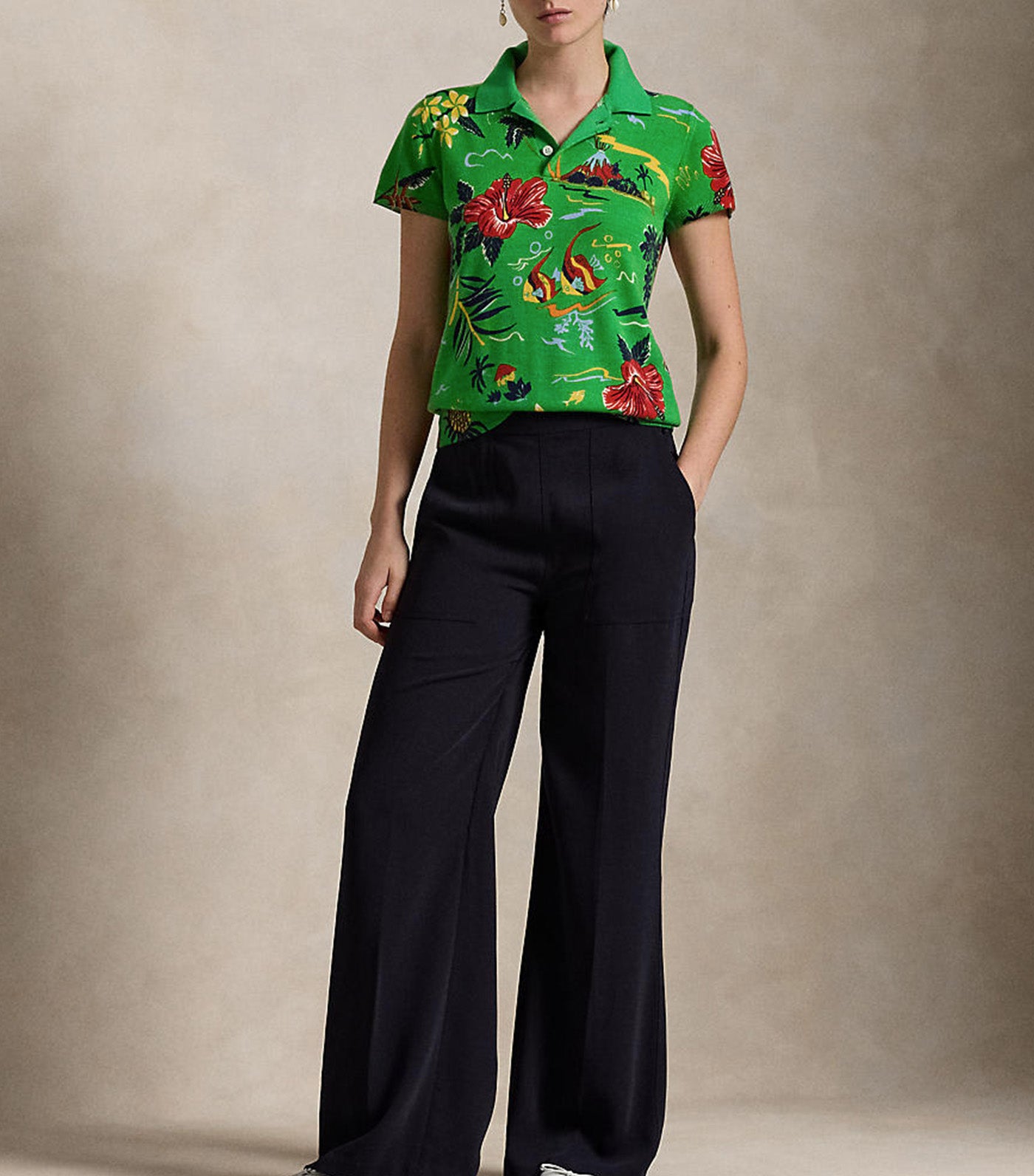 Women's Floral Knit Wool Polo Shirt Green Multi