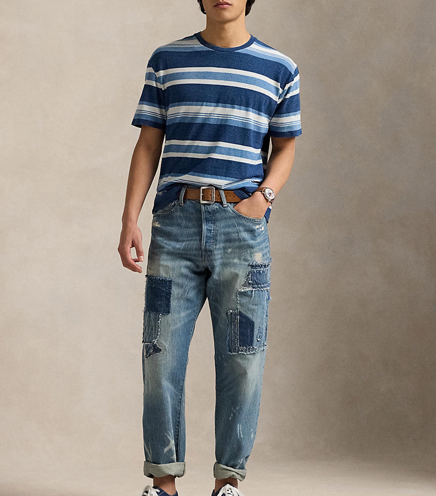 Men's Classic Fit Striped Cotton-Linen T-Shirt Dark Indigo Ombre