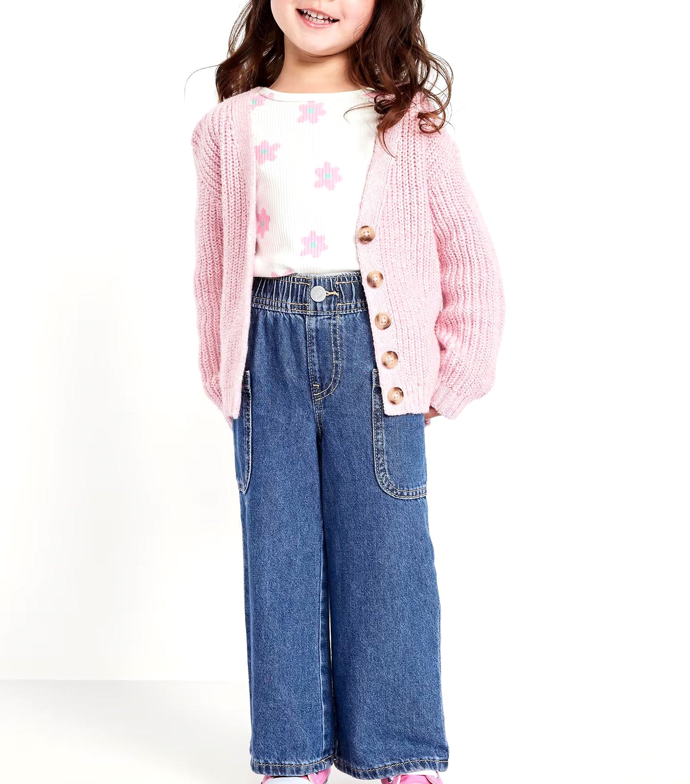 Pull-On Baggy Wide-Leg Cargo Jeans for Toddler Girls Medium Wash