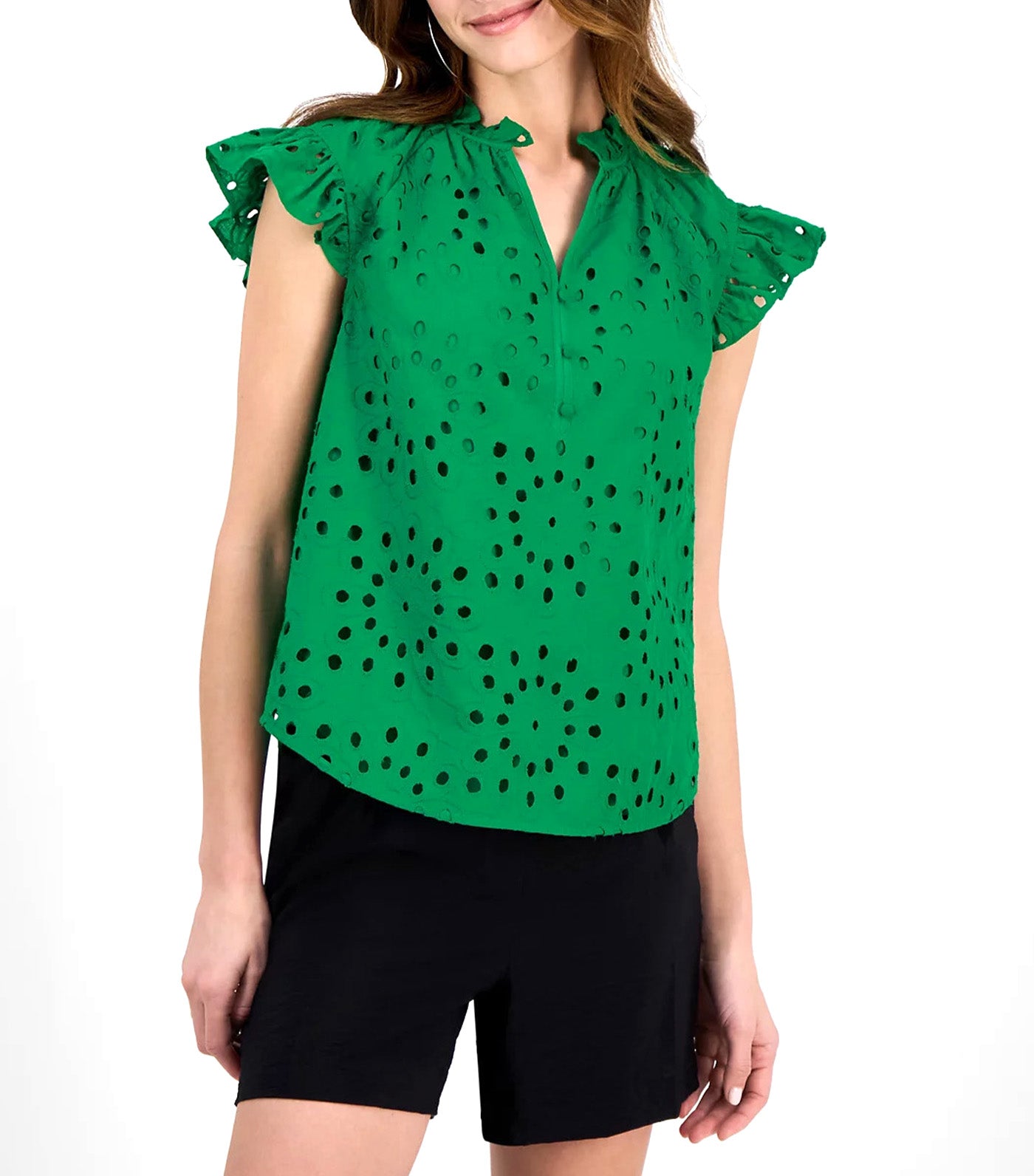 Women's Cotton Flutter-Sleeve Eyelet Blouse Tropical Green