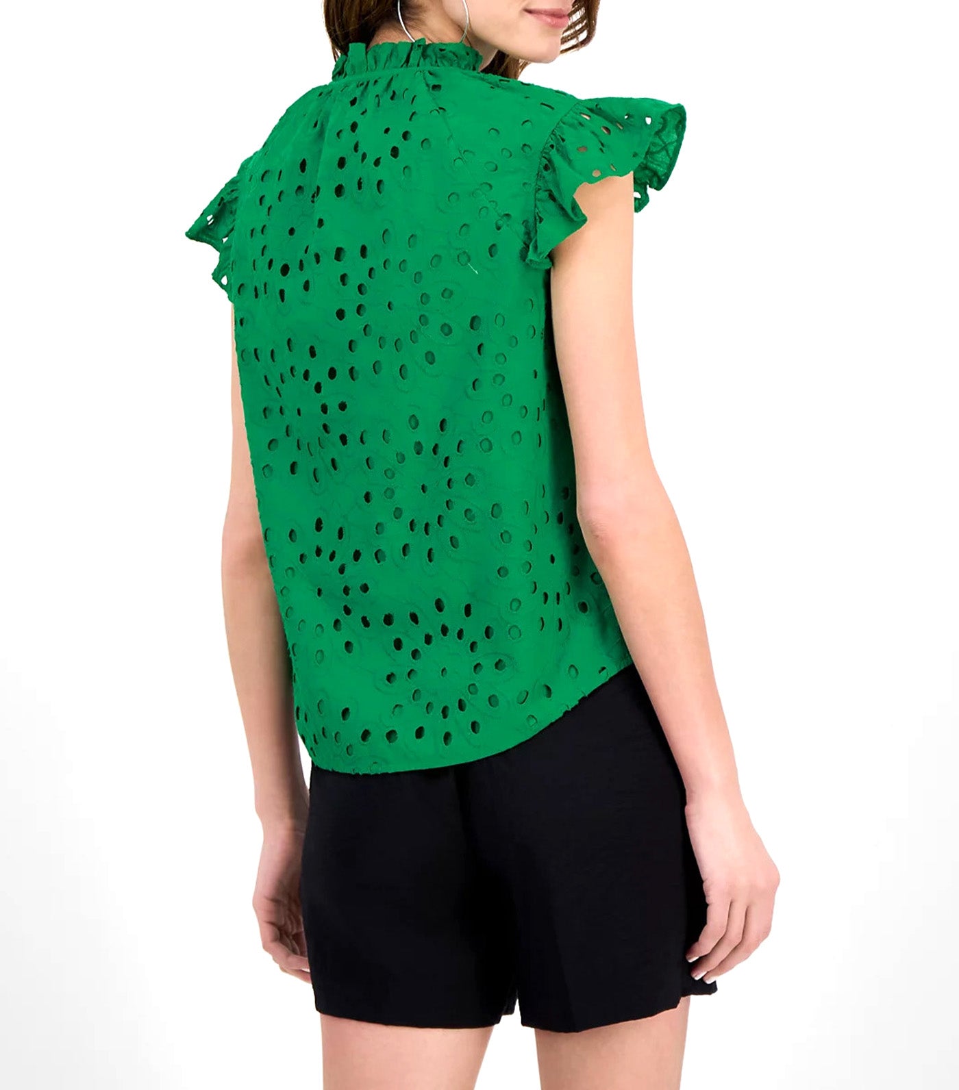 Women's Cotton Flutter-Sleeve Eyelet Blouse Tropical Green
