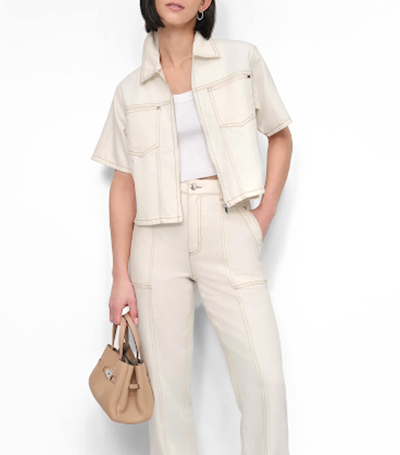 Denim Zip Front Shirt Ecru