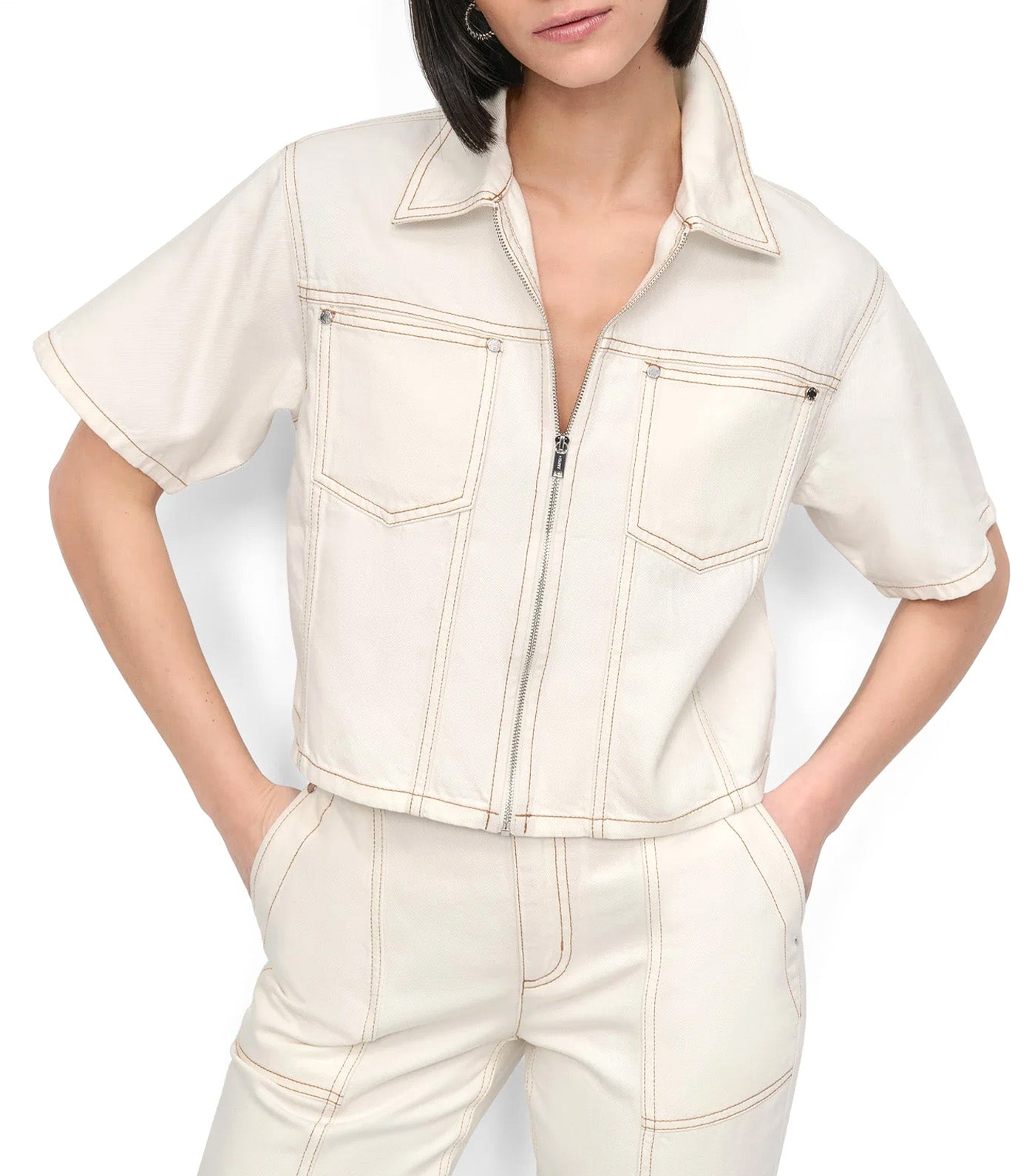 Denim Zip Front Shirt Ecru