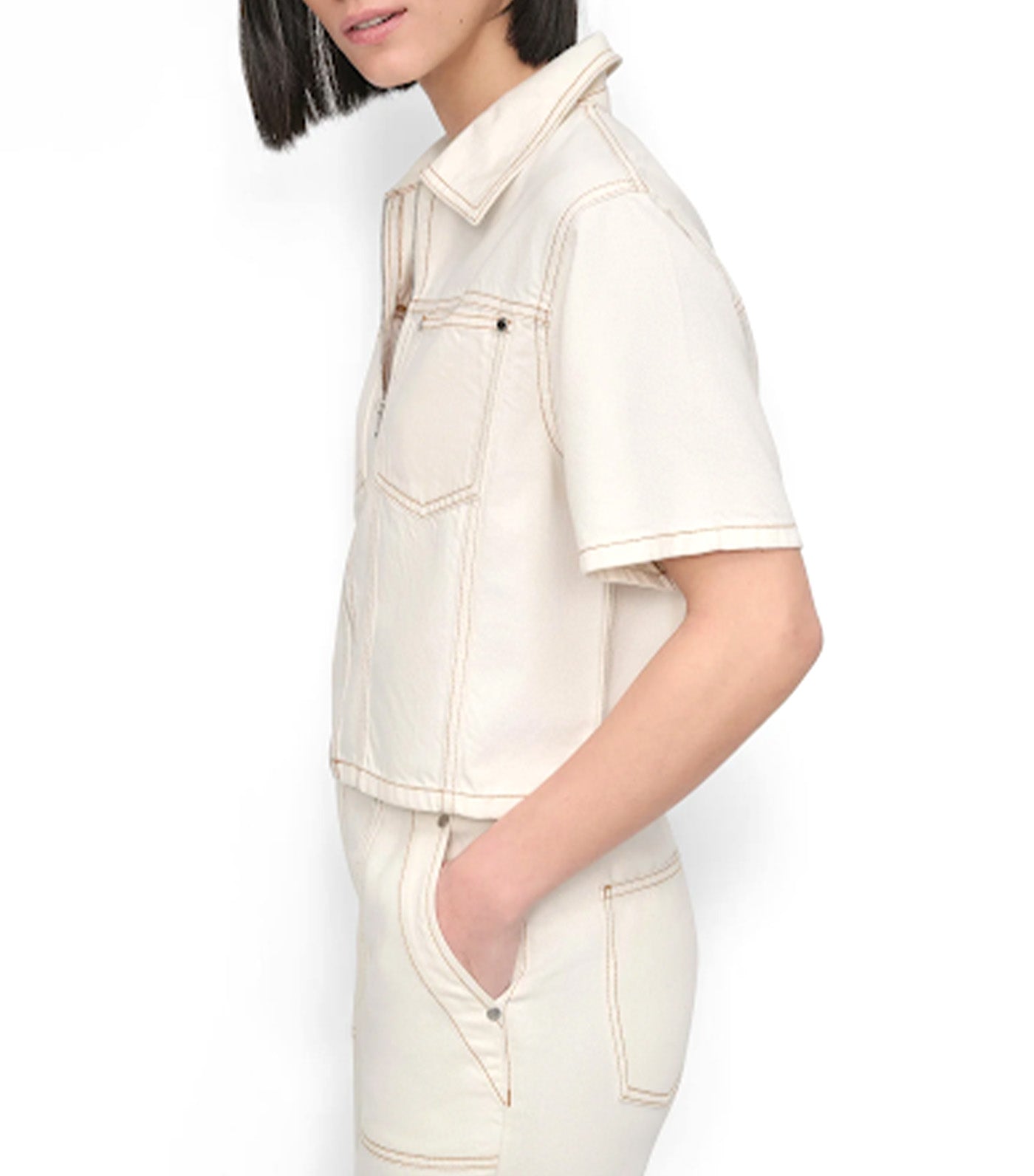 Denim Zip Front Shirt Ecru