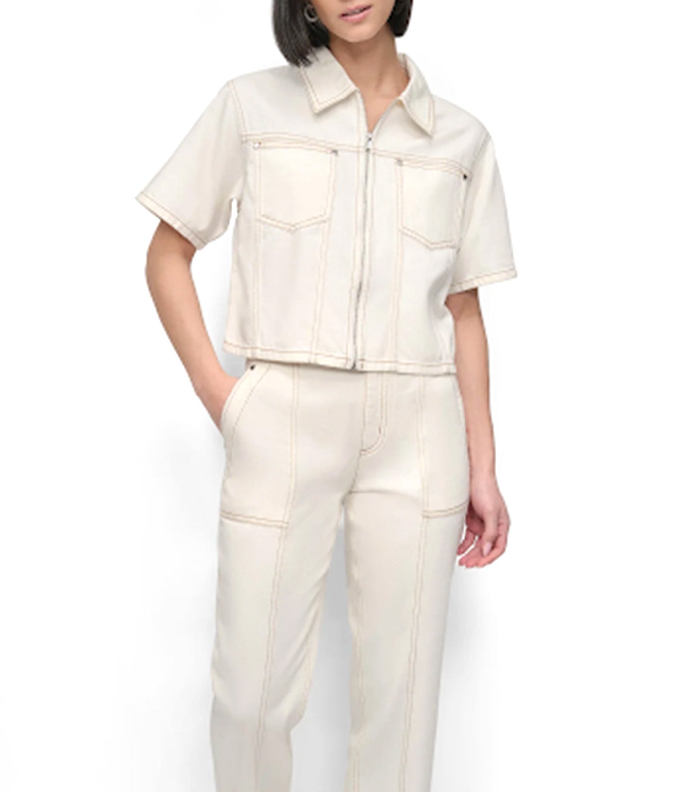 Denim Zip Front Shirt Ecru