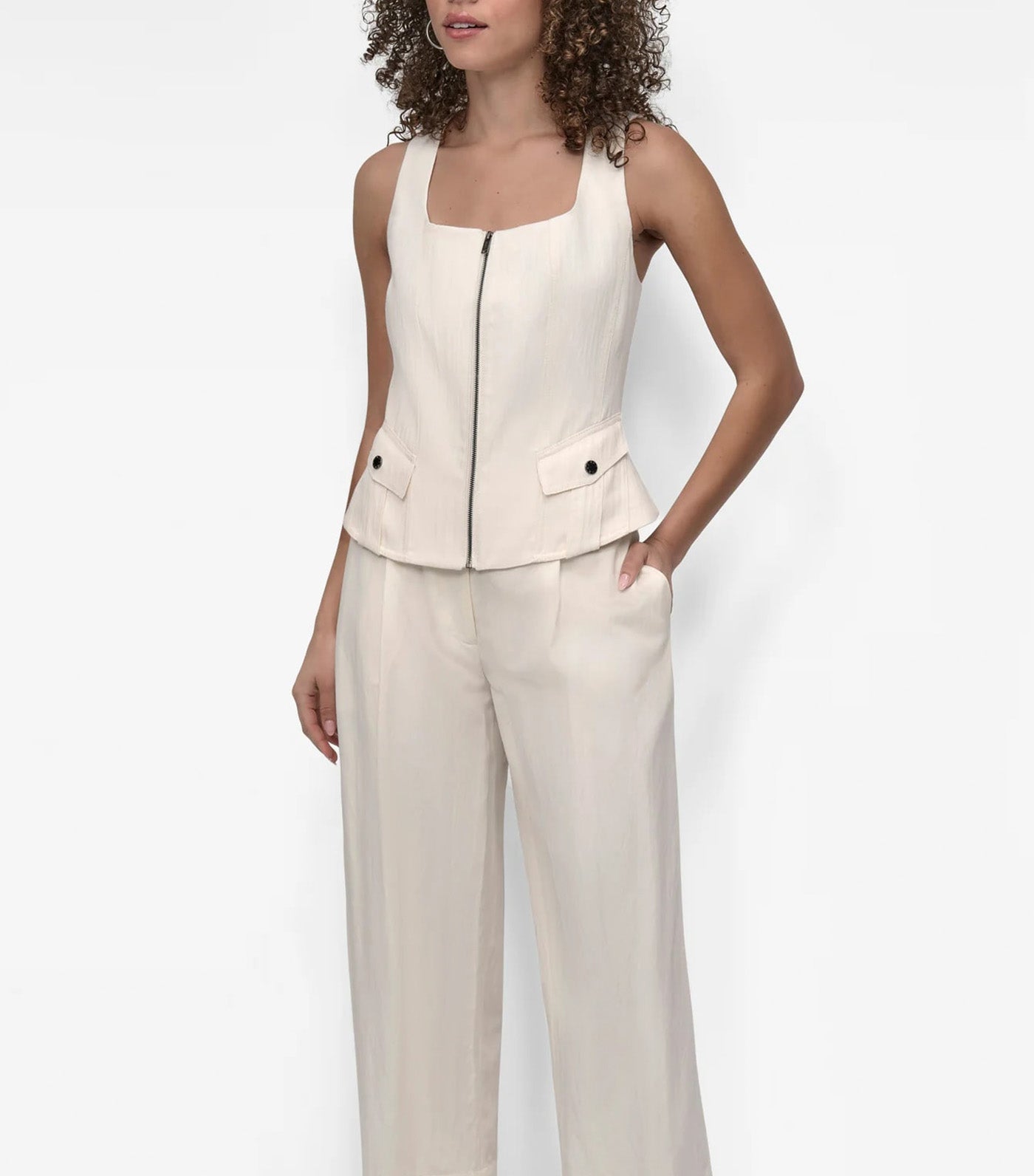 Weathered Twill Zip-Front Belted Vest Coconut