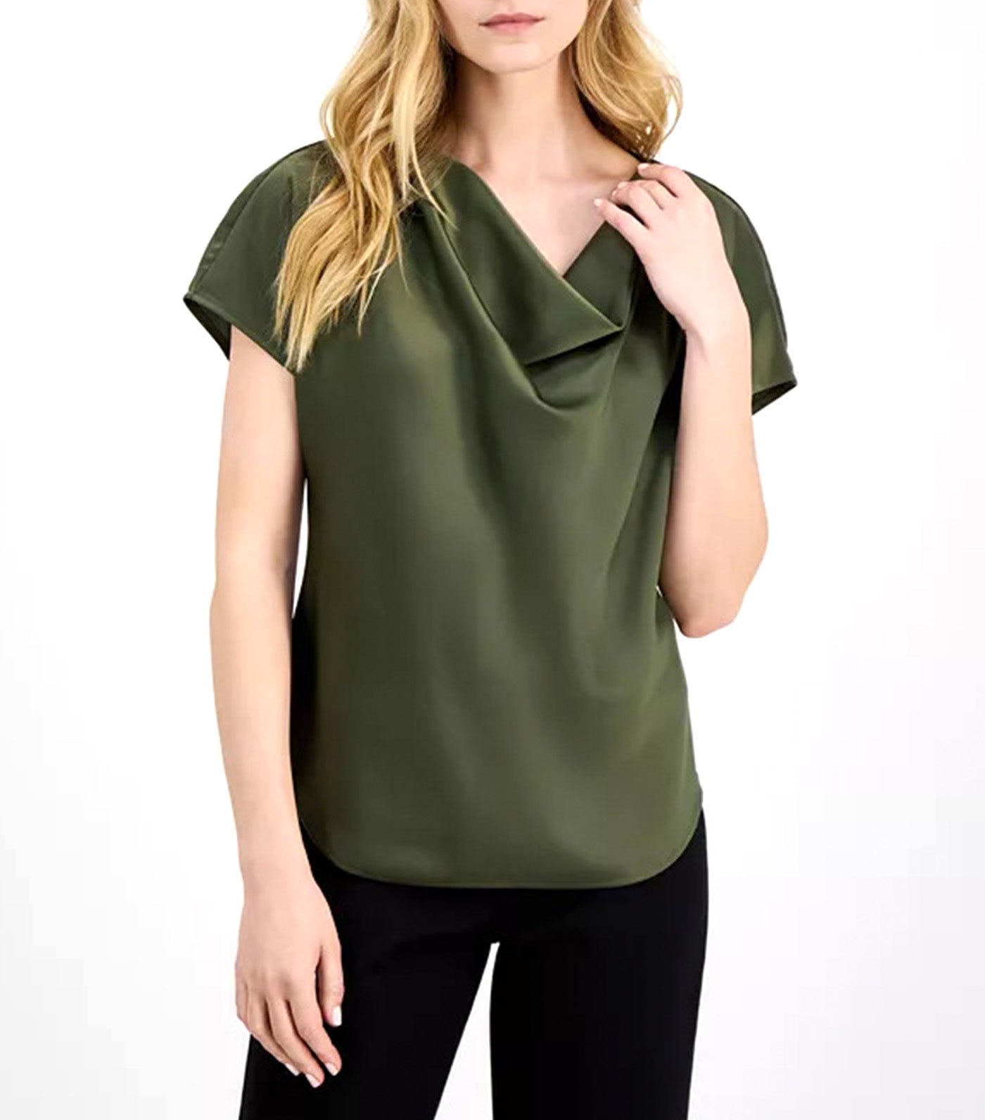 Women's Solid Cowlneck Short-Sleeve Blouse Olive Palm