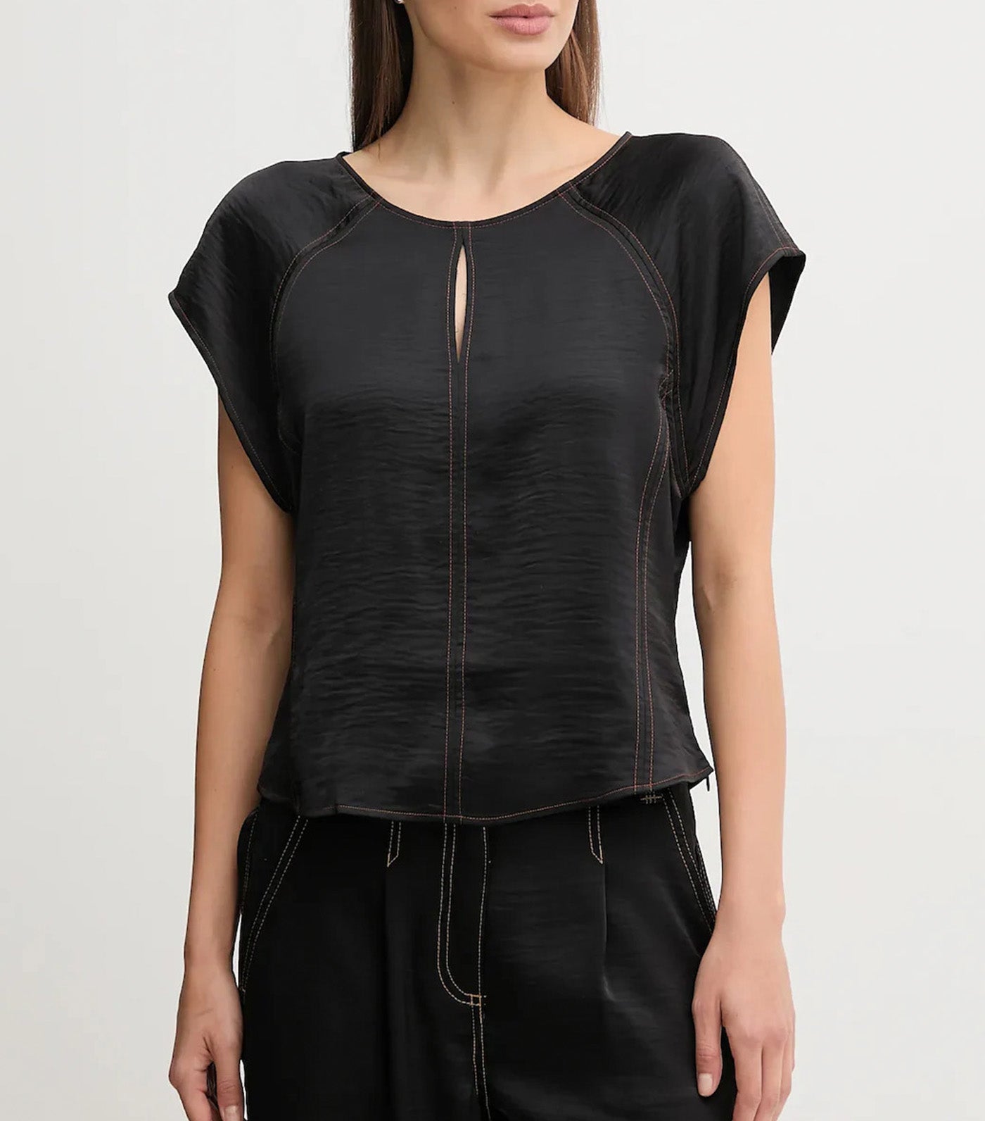 Glazed Flutter-Sleeve Dressing Top Black