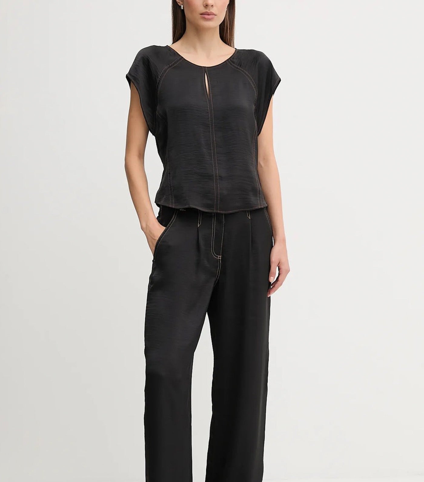 Glazed Flutter-Sleeve Dressing Top Black