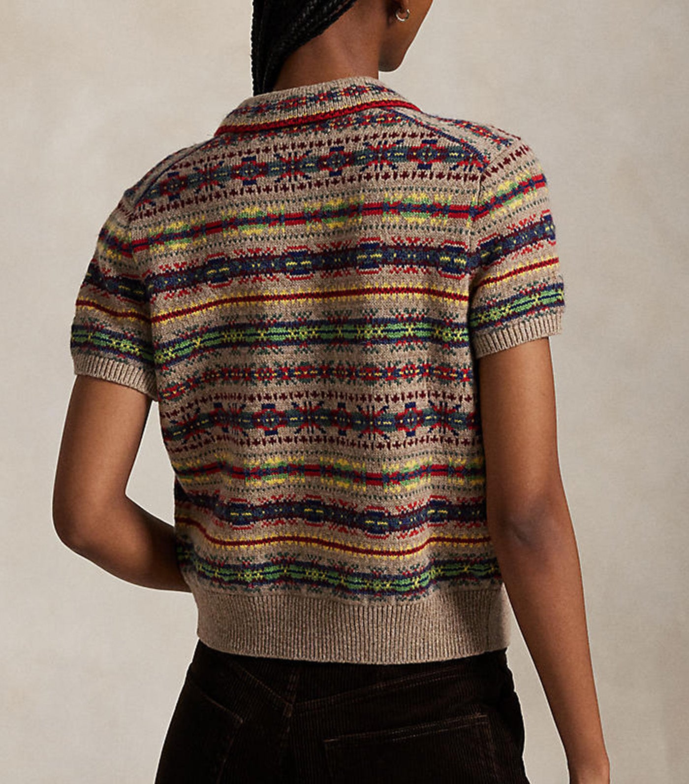Fair Isle Short-Sleeve Cardigan Tan