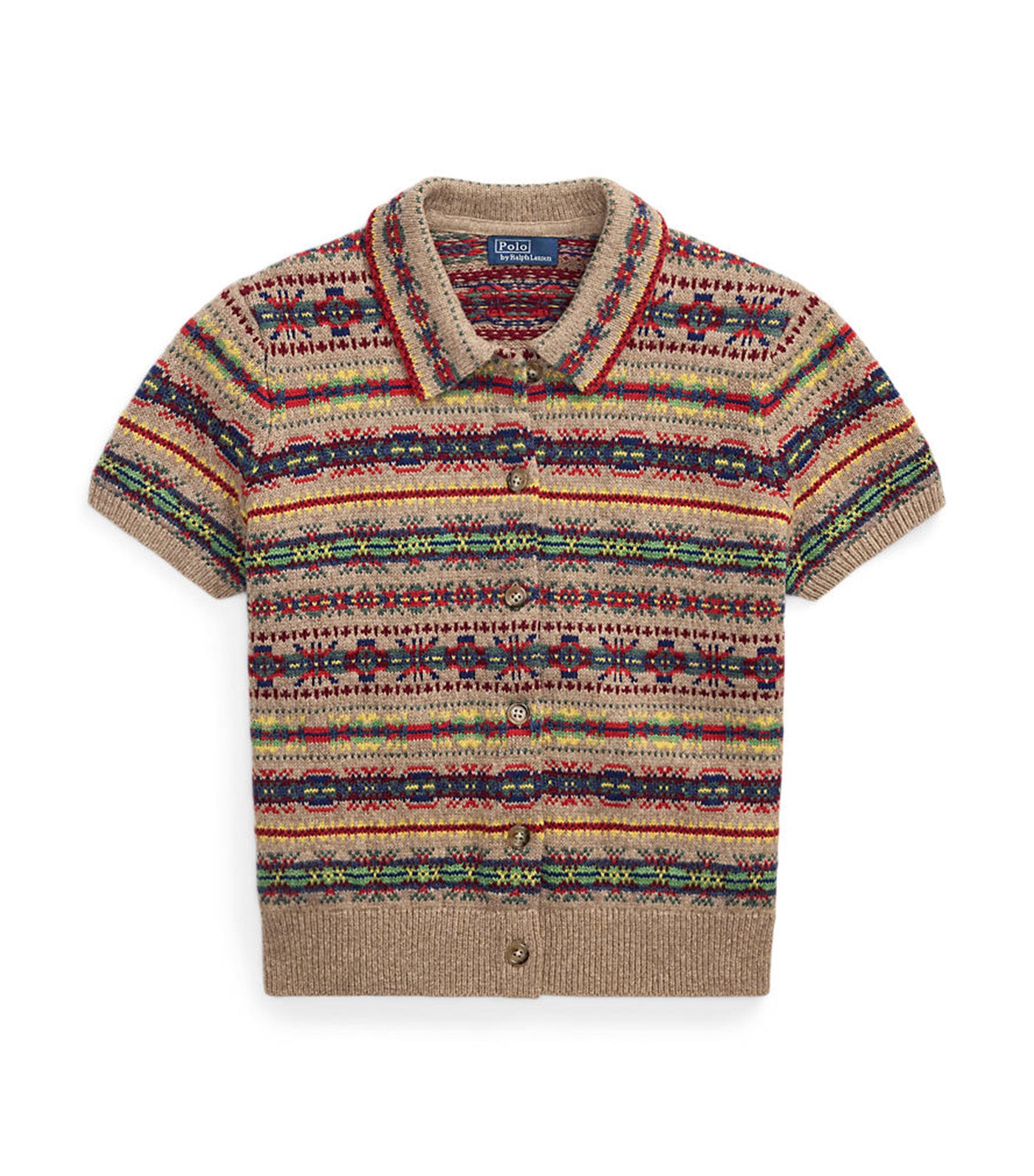 Fair Isle Short-Sleeve Cardigan Tan