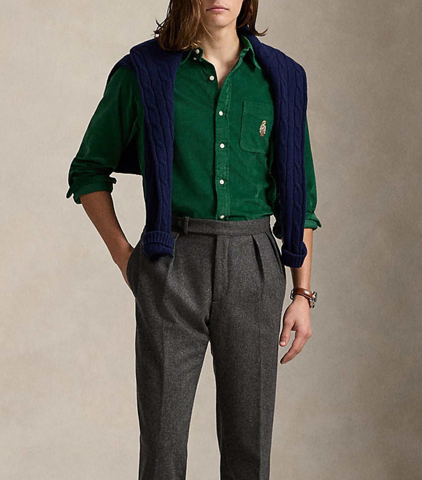 Men's Custom Fit Polo Bear Corduroy Shirt Green