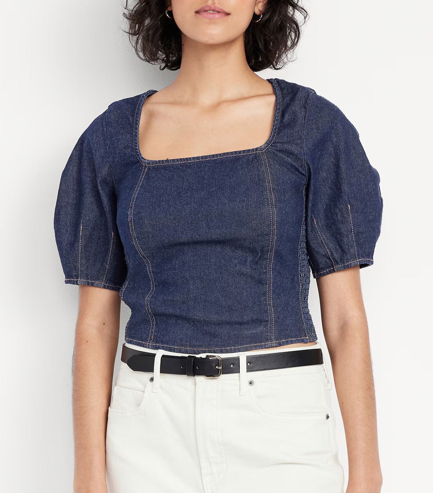 Square-Neck Denim Crop Top Dark Wash