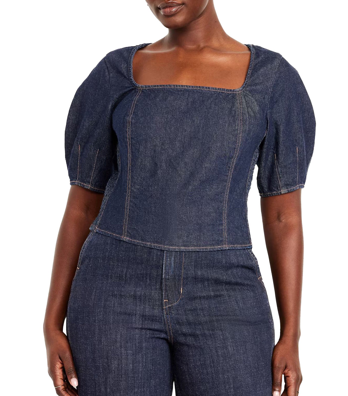Square-Neck Denim Crop Top Dark Wash