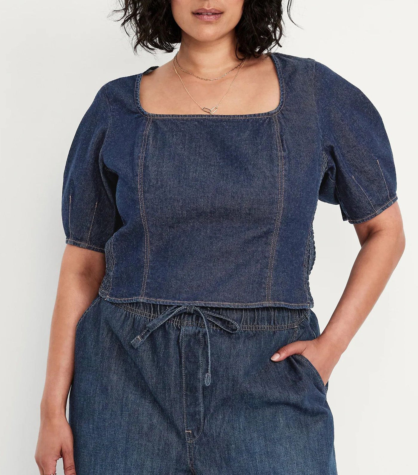 Square-Neck Denim Crop Top Dark Wash