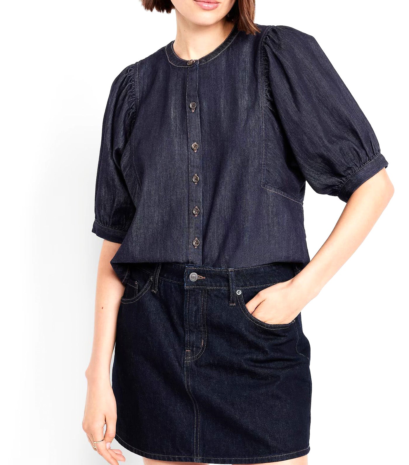 Old Navy Puff-Sleeve Button-Down Cropped Shirt Rinse