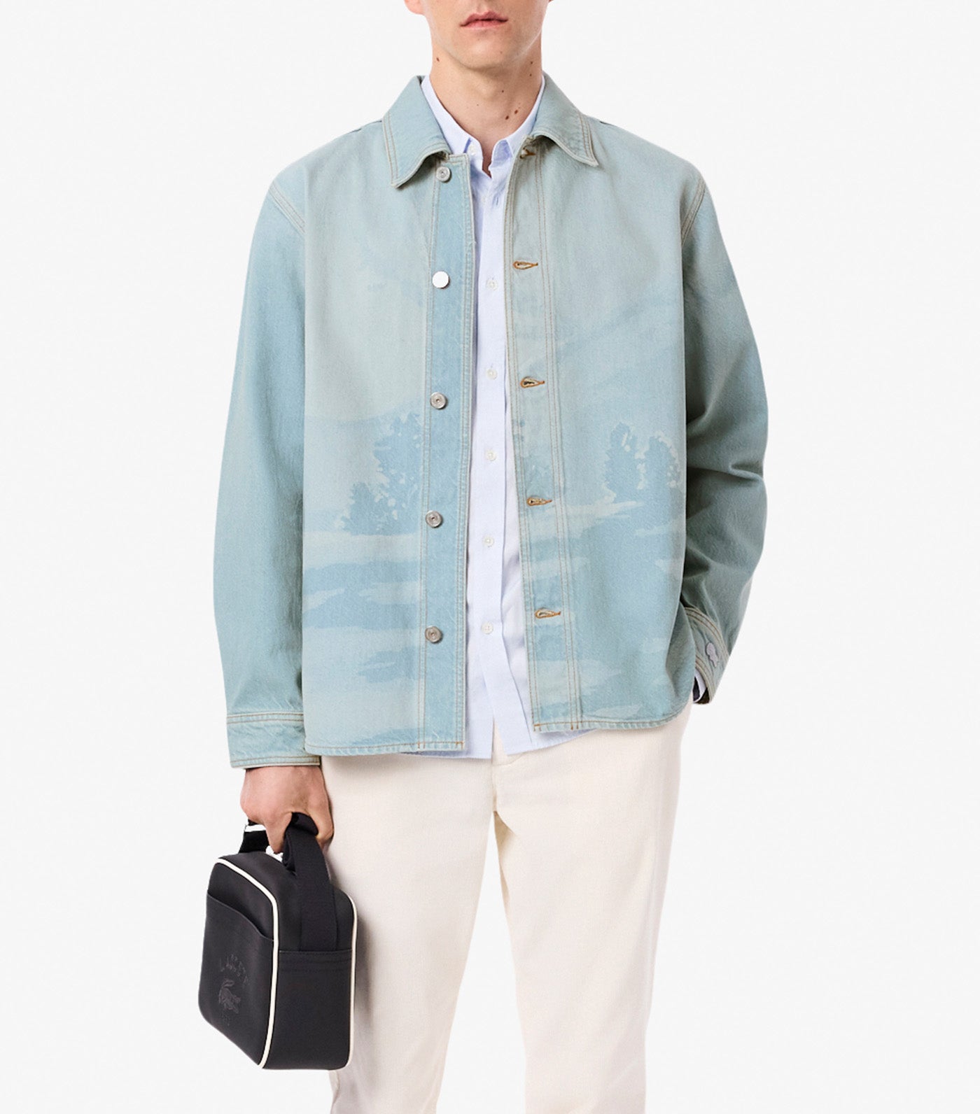 Landscape Motif Denim Overshirt Washed Bleach