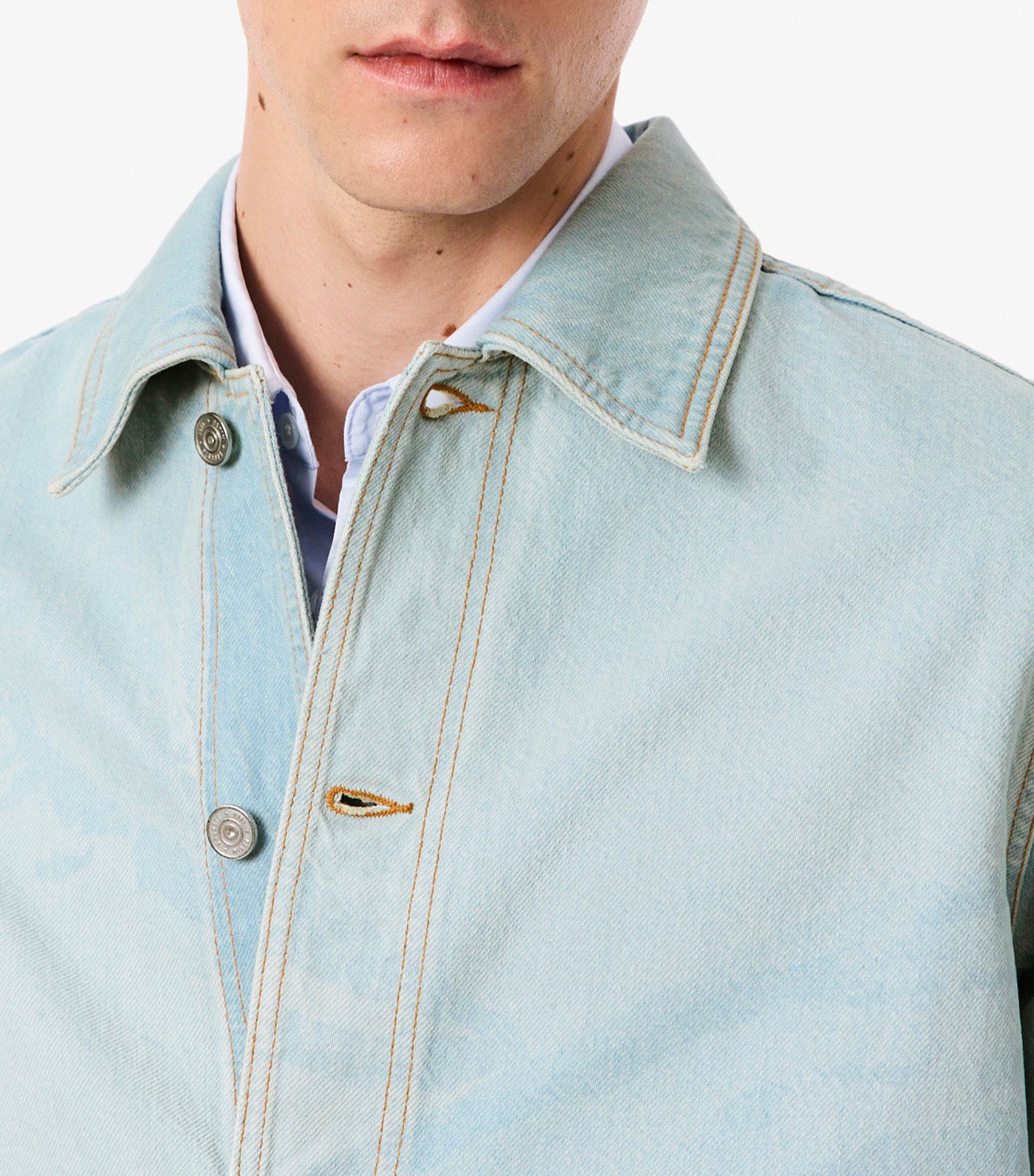Landscape Motif Denim Overshirt Washed Bleach