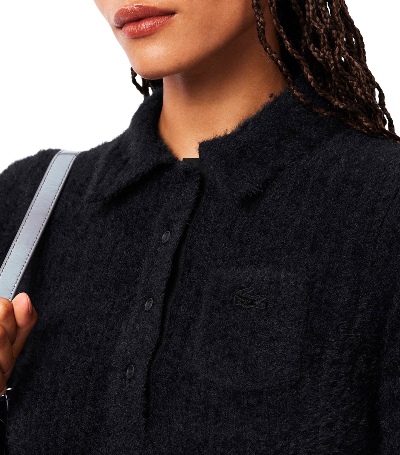 Slim Fit Fuzzy Rib Knit Polo Shirt Black