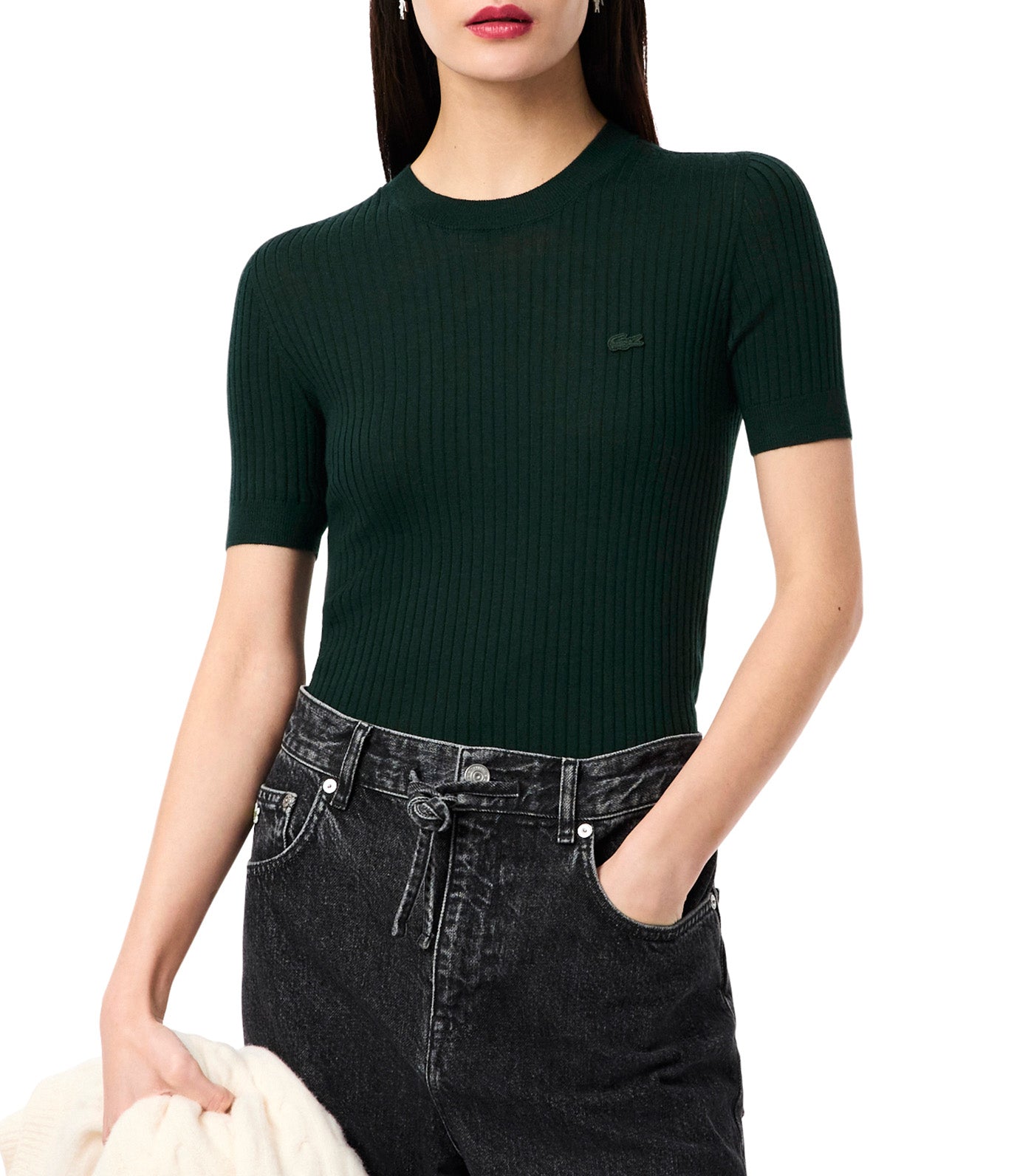 Short Sleeved Merino Wool Rib Knit Sweater Sinople
