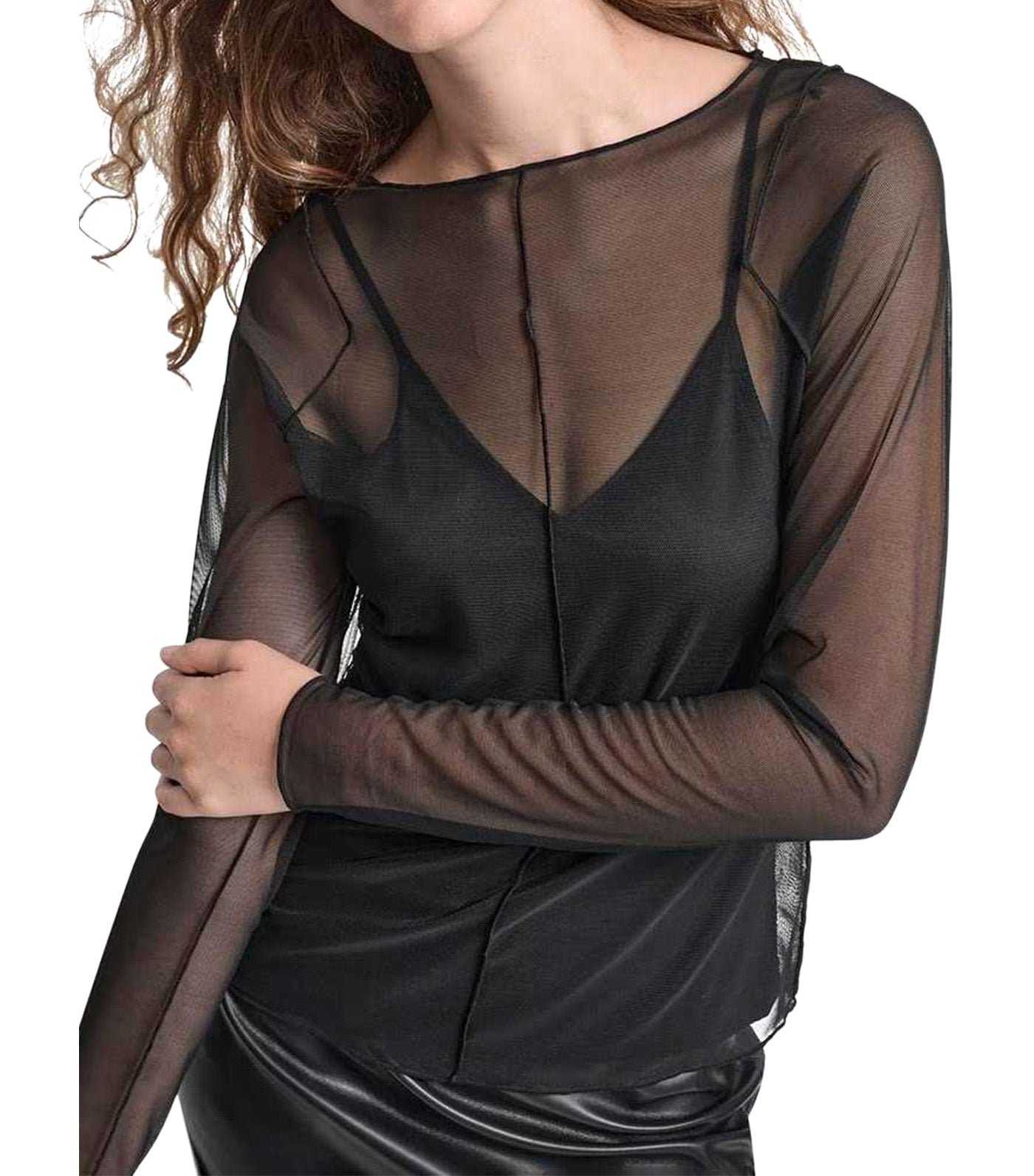 L/S Exposed Seam Mesh Top Black