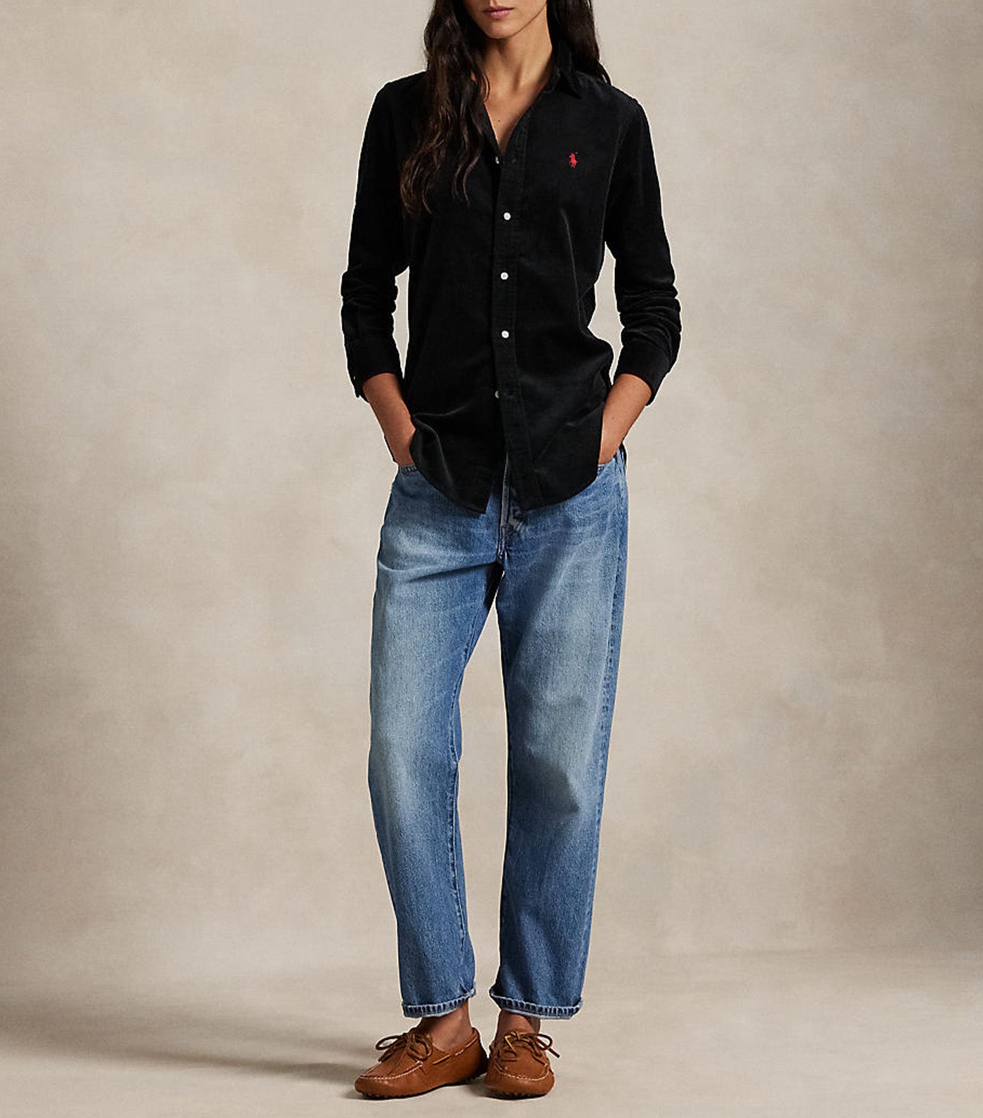 Stretch Slim Fit Cotton Corduroy Shirt Black