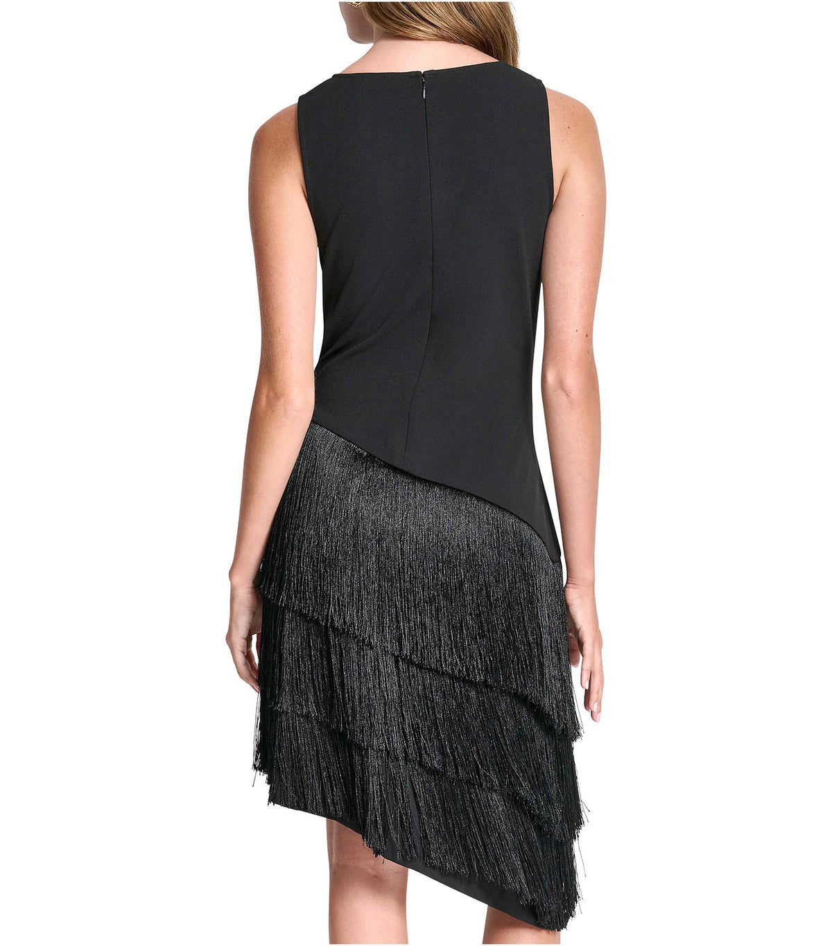Cowl Neck Asymmetric Fringe Dress Black