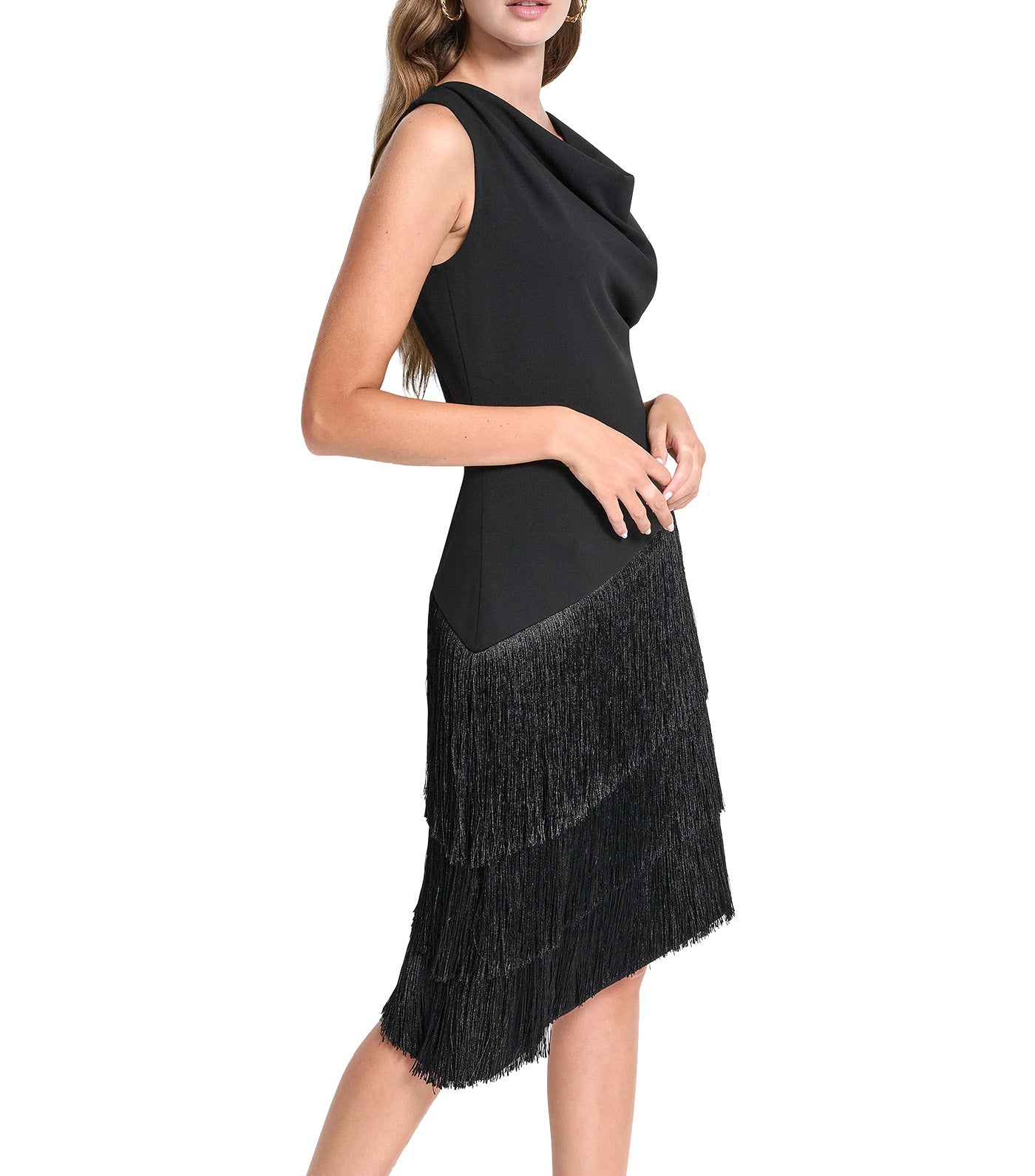 Cowl Neck Asymmetric Fringe Dress Black