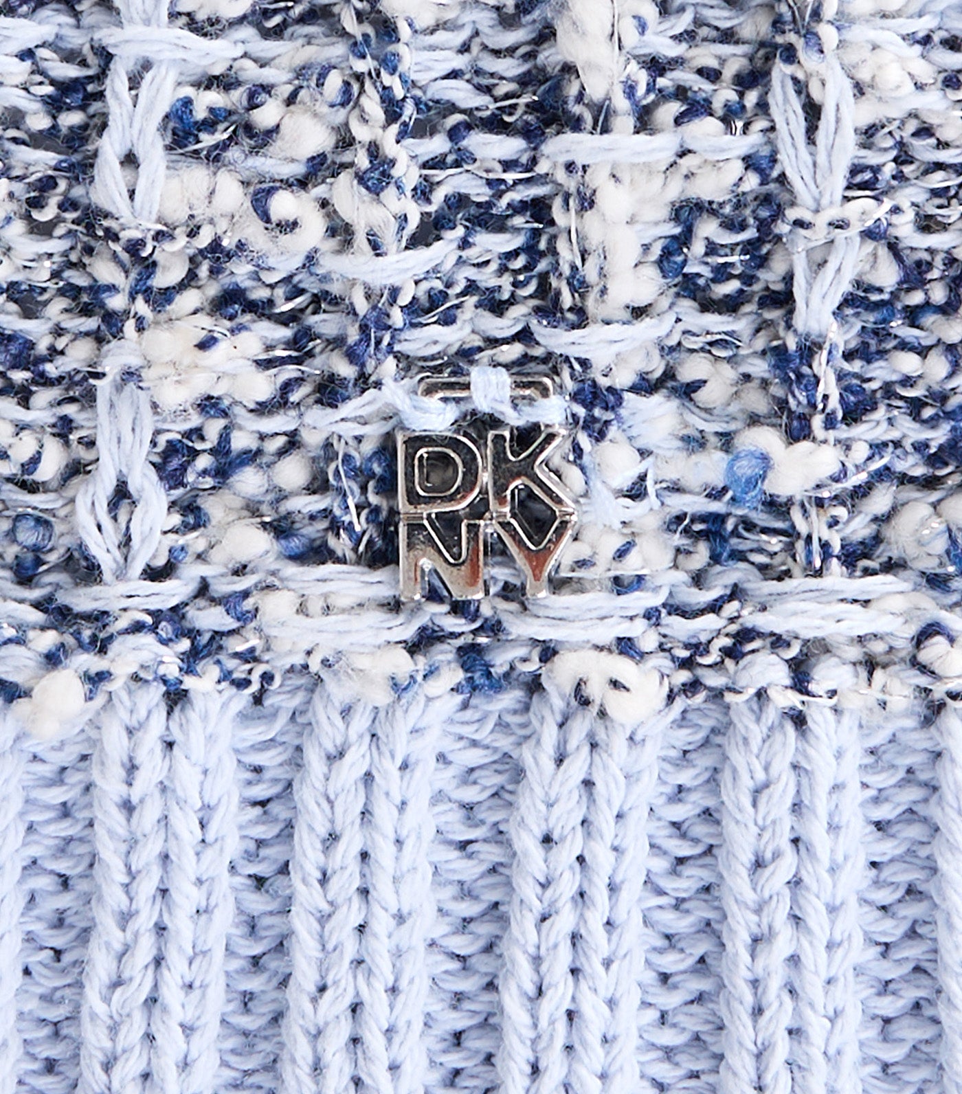 Sleeveless Tweed Fringe Sweater with Logo Charm Frost Blue Combo