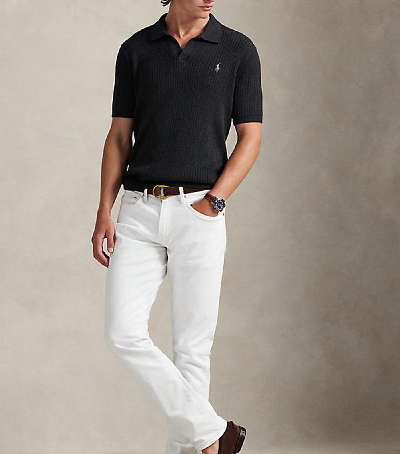 Men's Rib-Knit Cotton Johnny-Collar Sweater