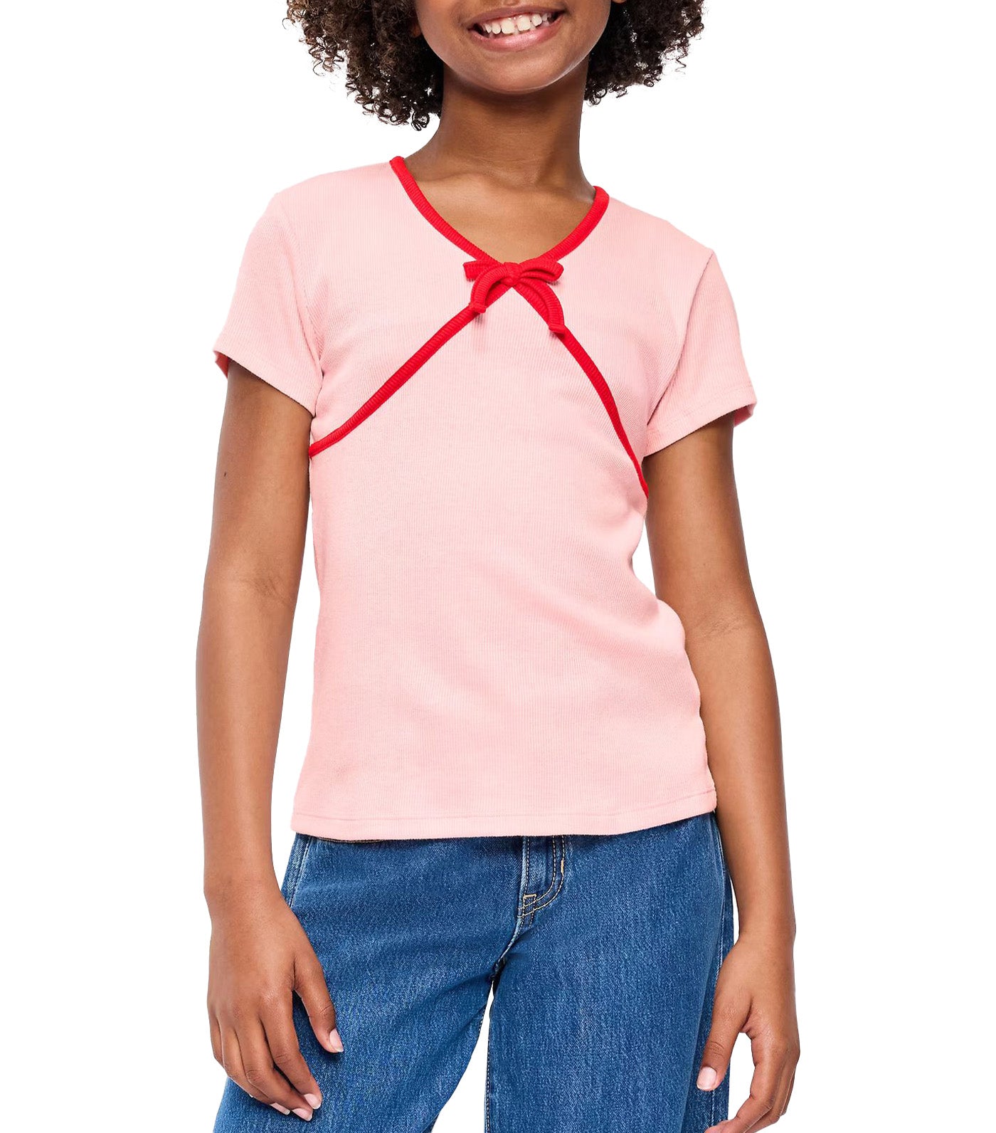 Fitted Short-Sleeve Ribbed Bow Top for Girls
