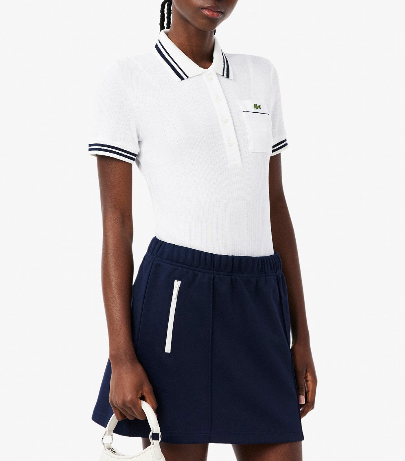 Slim Fit French Made Ribbed Polo Shirt White/Navy Blue