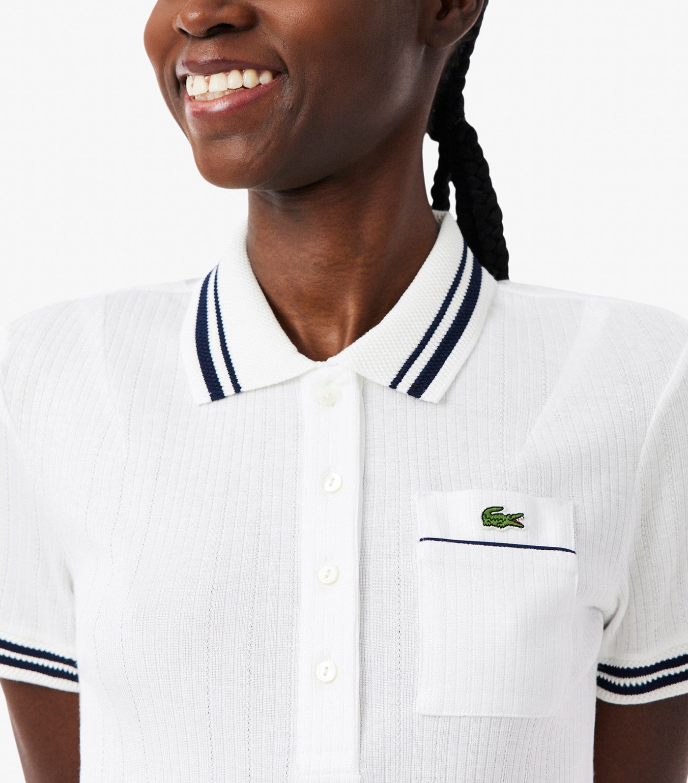 Slim Fit French Made Ribbed Polo Shirt White/Navy Blue