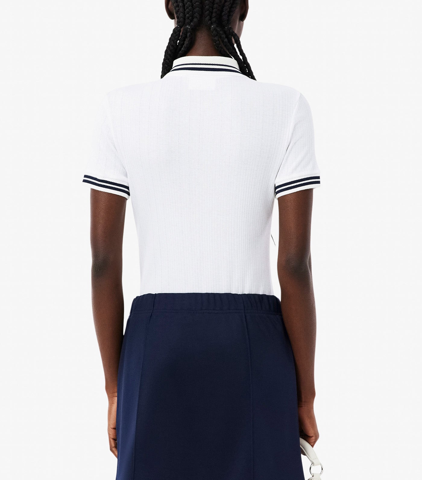 Slim Fit French Made Ribbed Polo Shirt White/Navy Blue