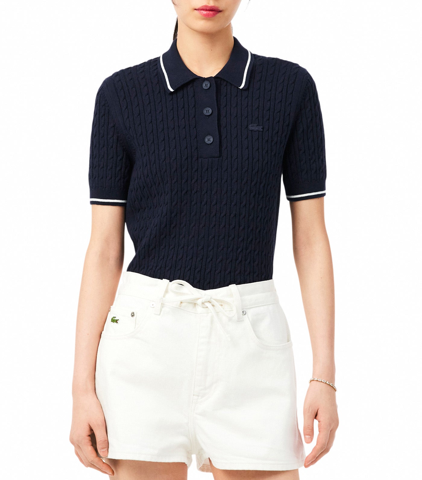 Striped Cable Knit Polo Collar Sweater