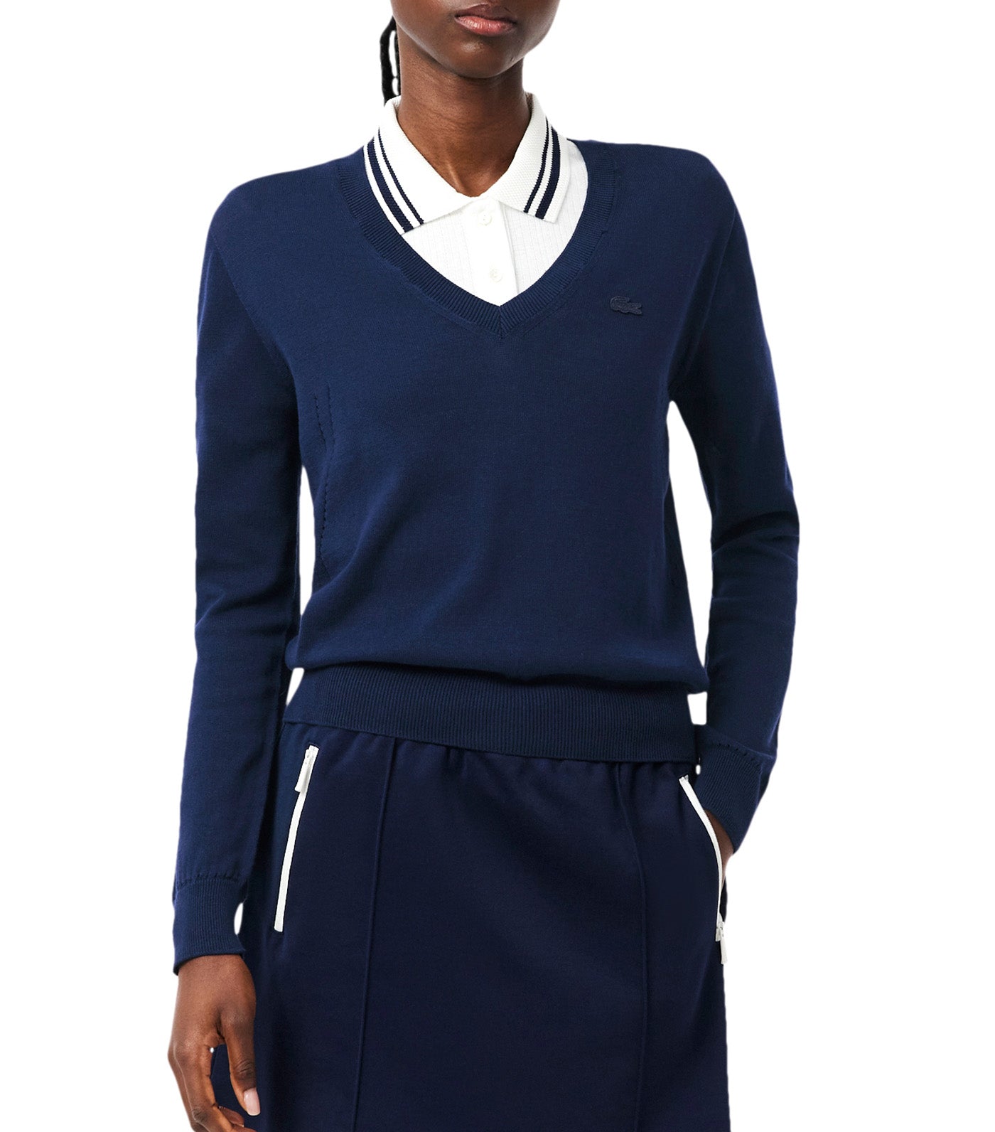 Lacoste Seamless Knit V Neck Sweater Navy Blue