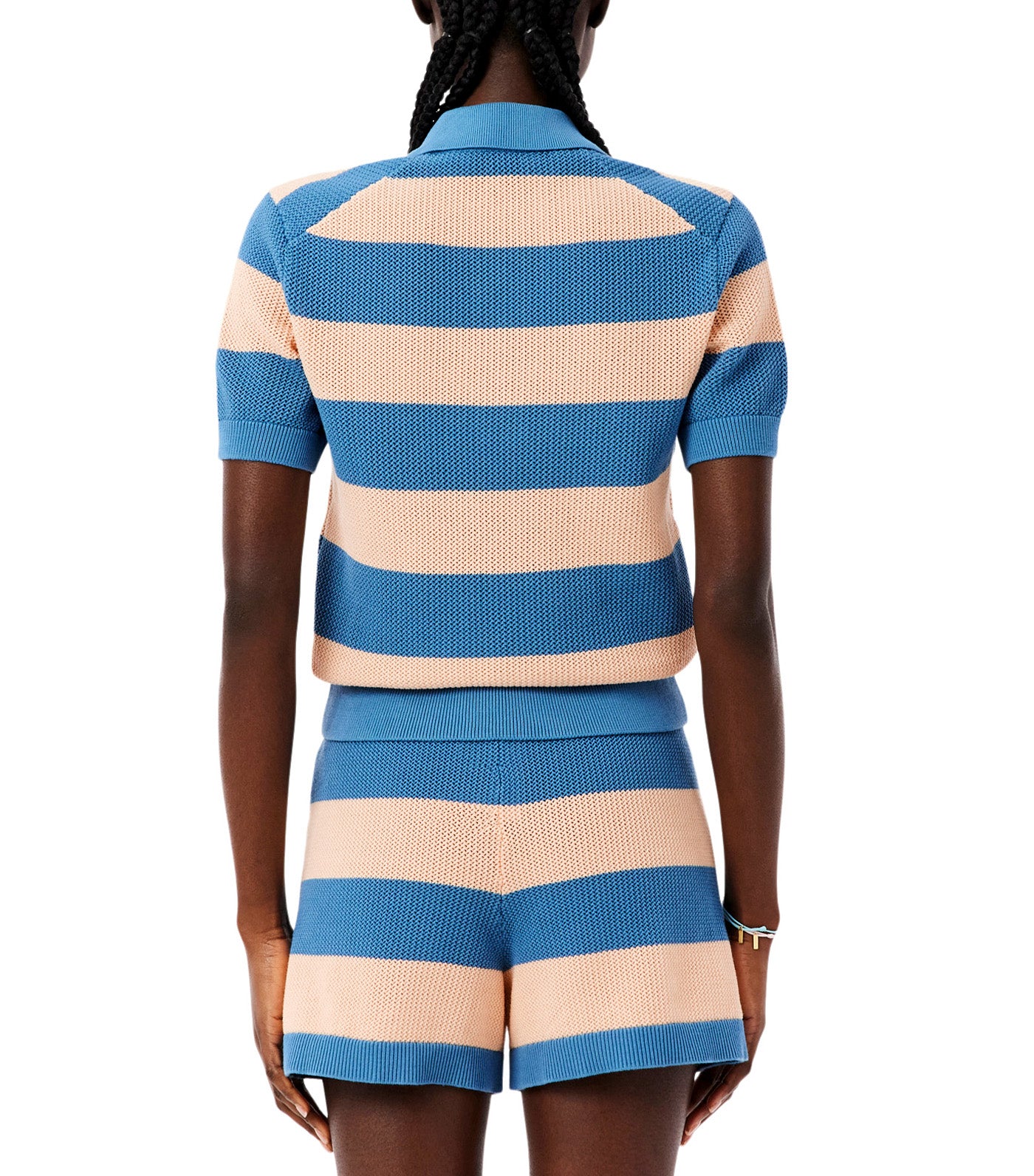 Striped Mesh Knit Polo Collar Sweater