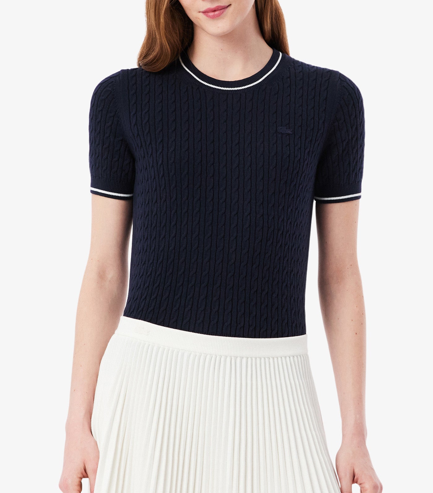 Short Sleeved Cable Knit Sweater Navy Blue