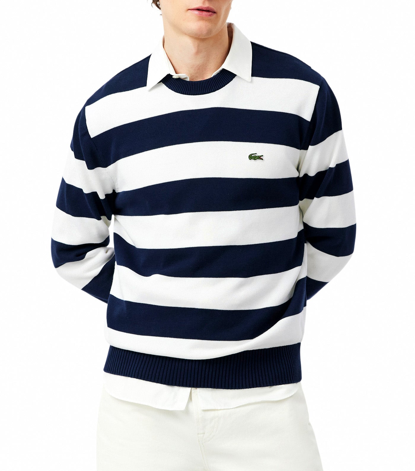 Striped Cotton Crew Neck Sailor Sweater Navy Blue/Flour