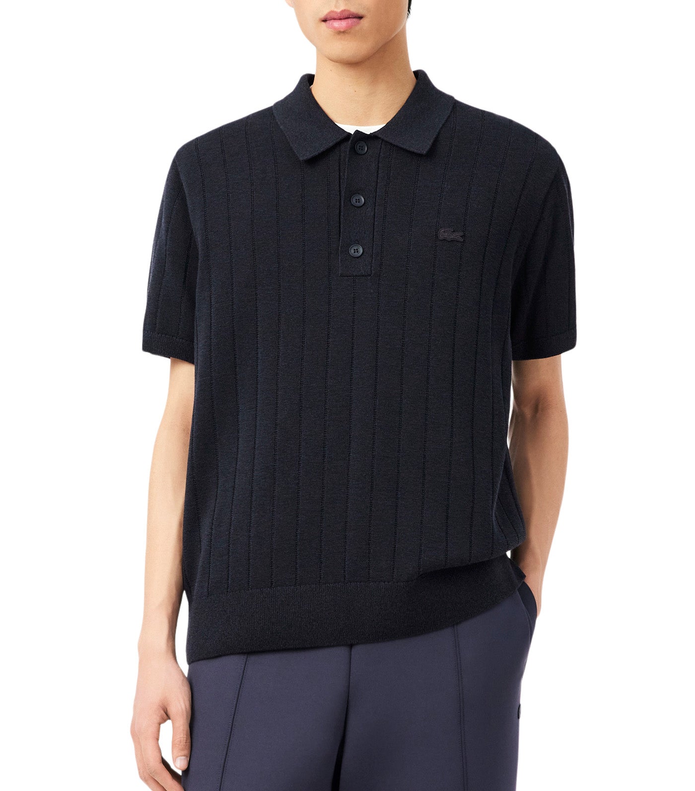 Lacoste Fluid Ribbed Knit Polo Collar Sweater Blackbird