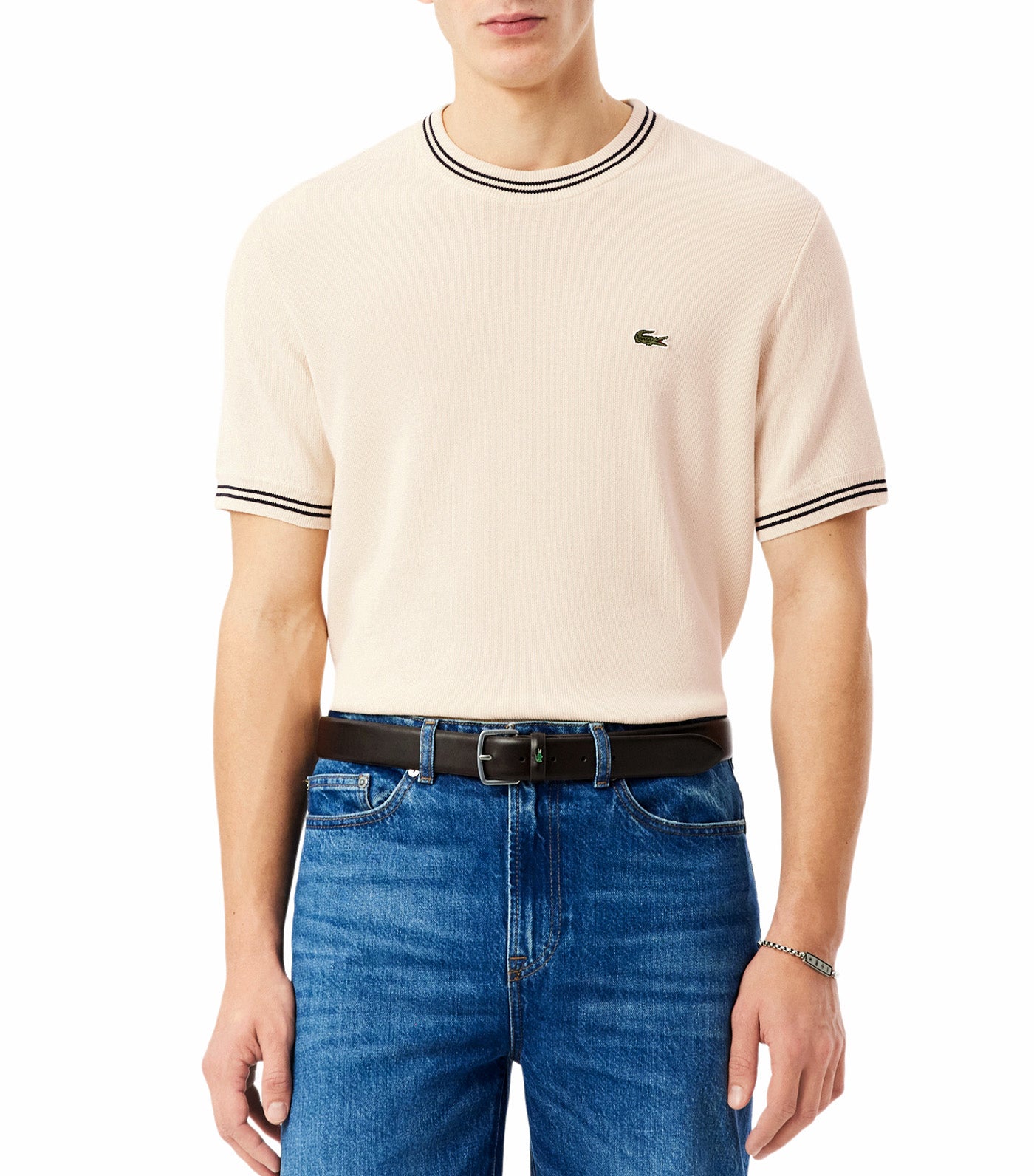 Classic Fit Stripe Detail Knit T-Shirt Naturel Clair/Blackbird