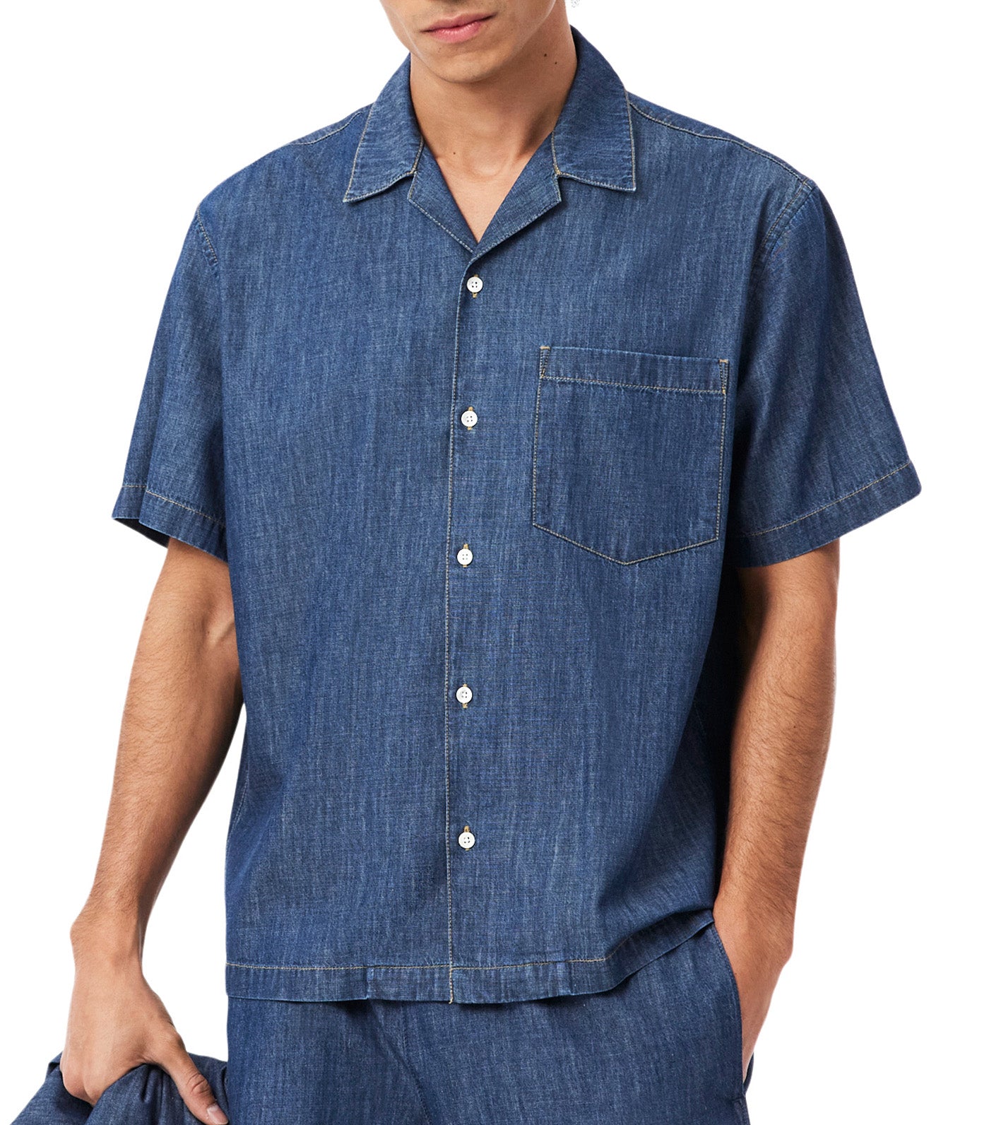 Lacoste Relaxed Fit Open Neck Denim Shirt Washed Deep Medium