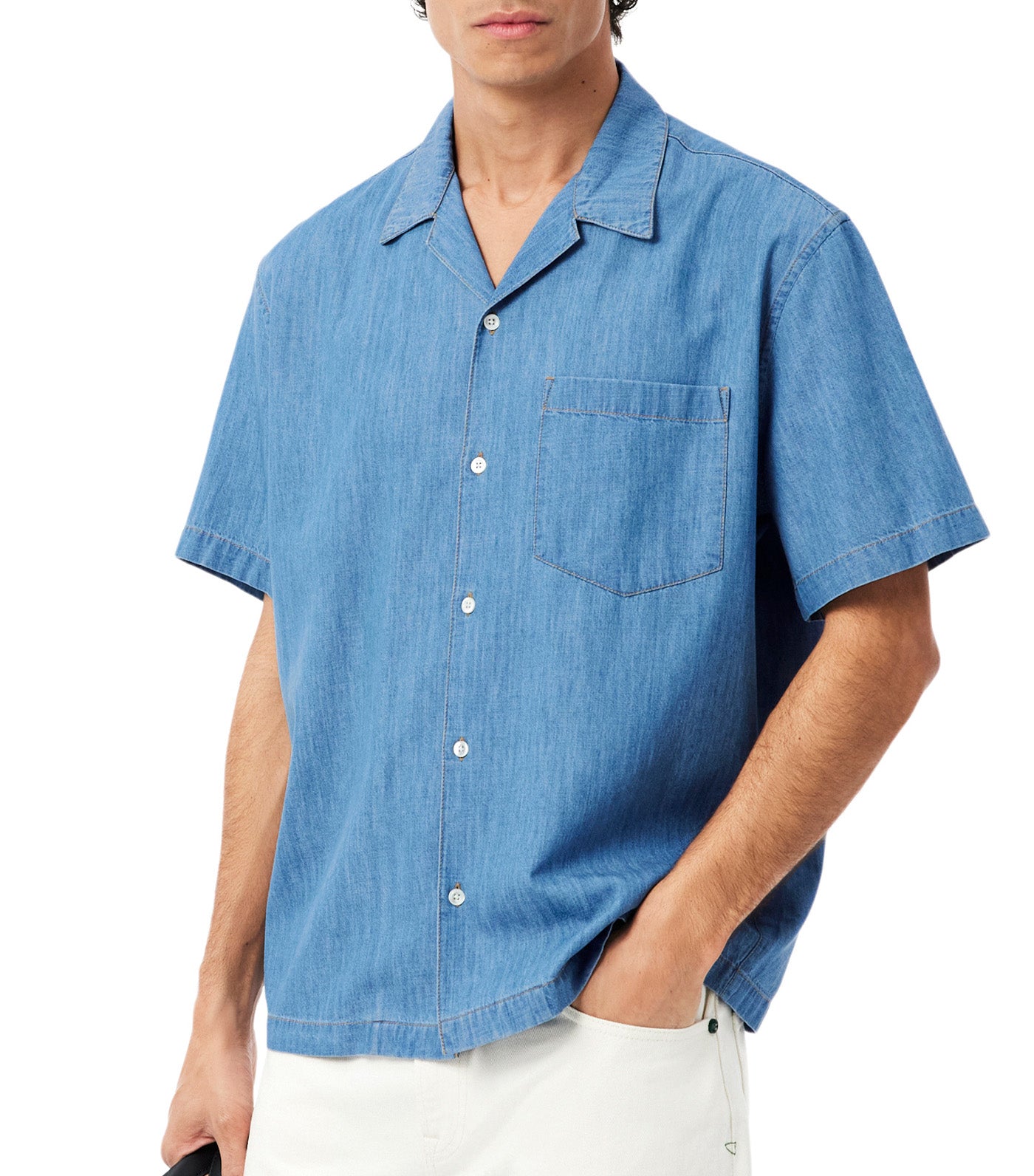 Lacoste Relaxed Fit Open Neck Denim Shirt Washed Bleach