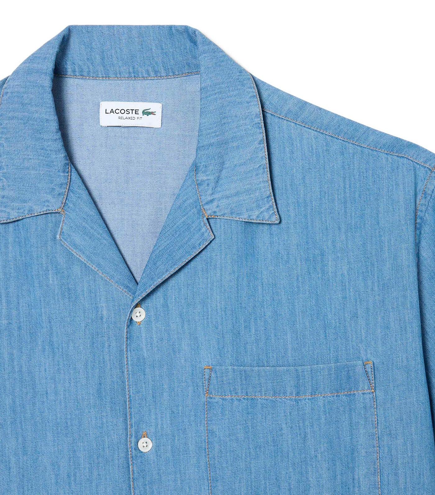 Lacoste Relaxed Fit Open Neck Denim Shirt Washed Bleach