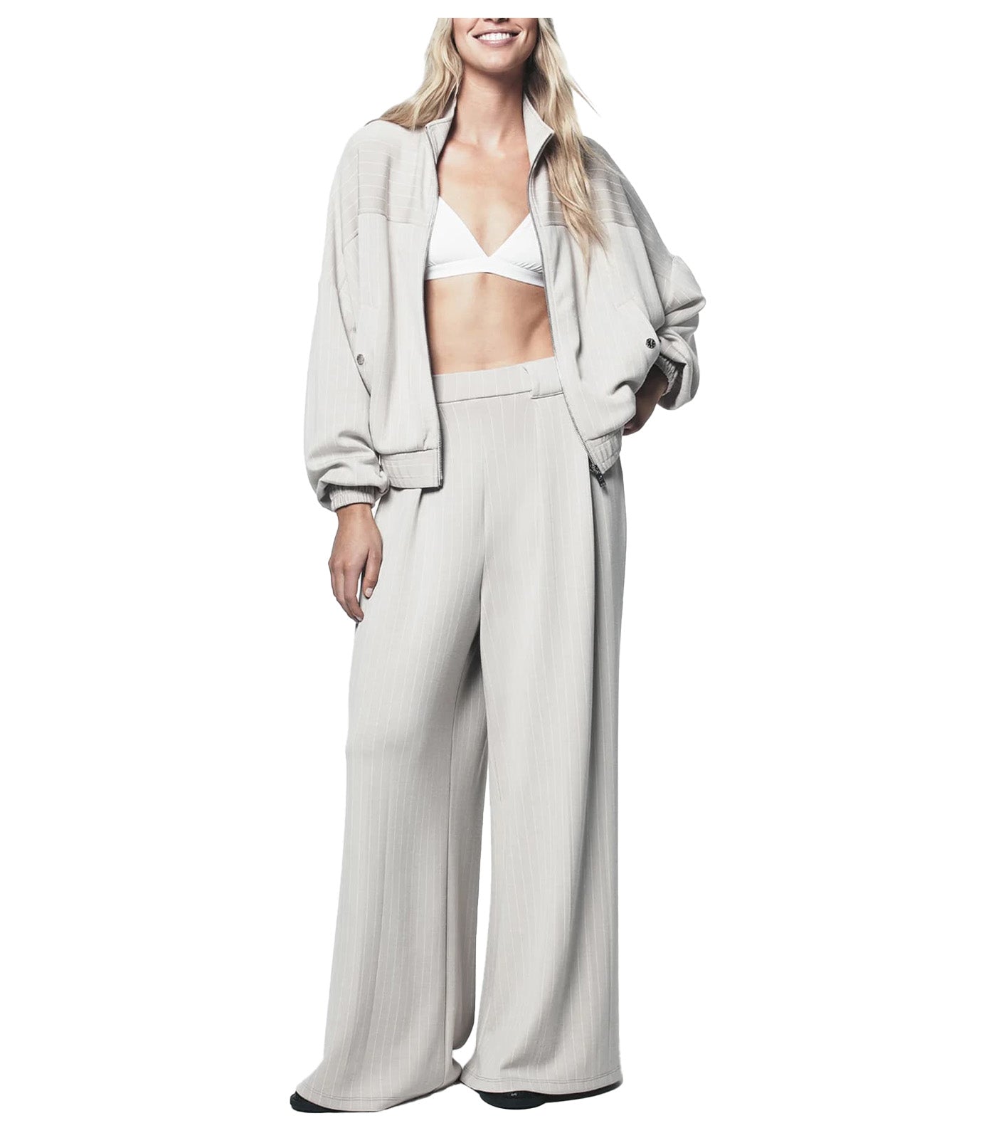 Straight Leg Pleated Pinstripe Cupro Pant Pebble Pin