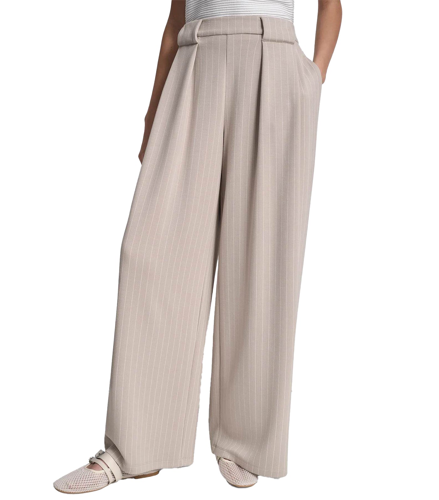 Straight Leg Pleated Pinstripe Cupro Pant Pebble Pin