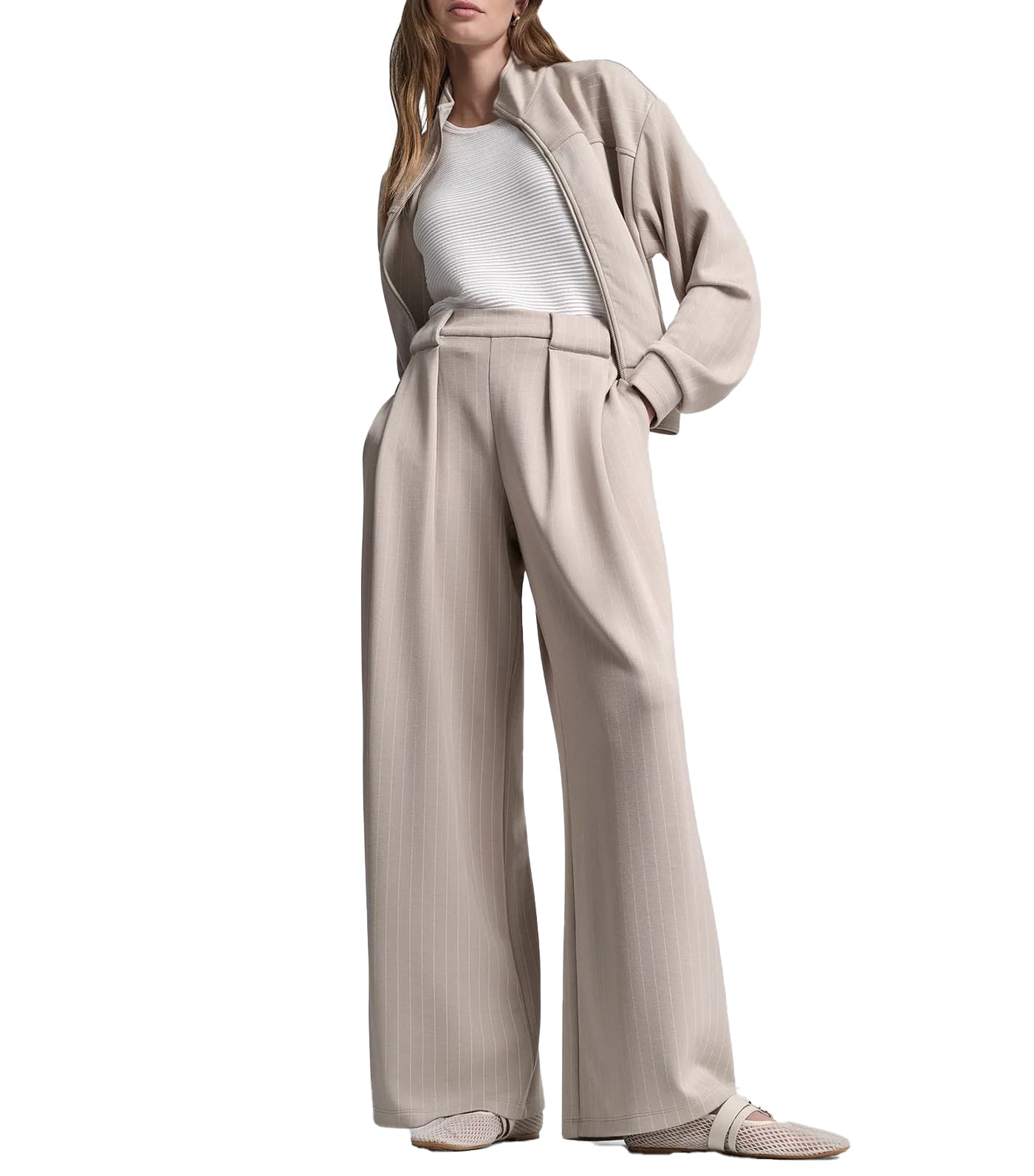 Straight Leg Pleated Pinstripe Cupro Pant Pebble Pin