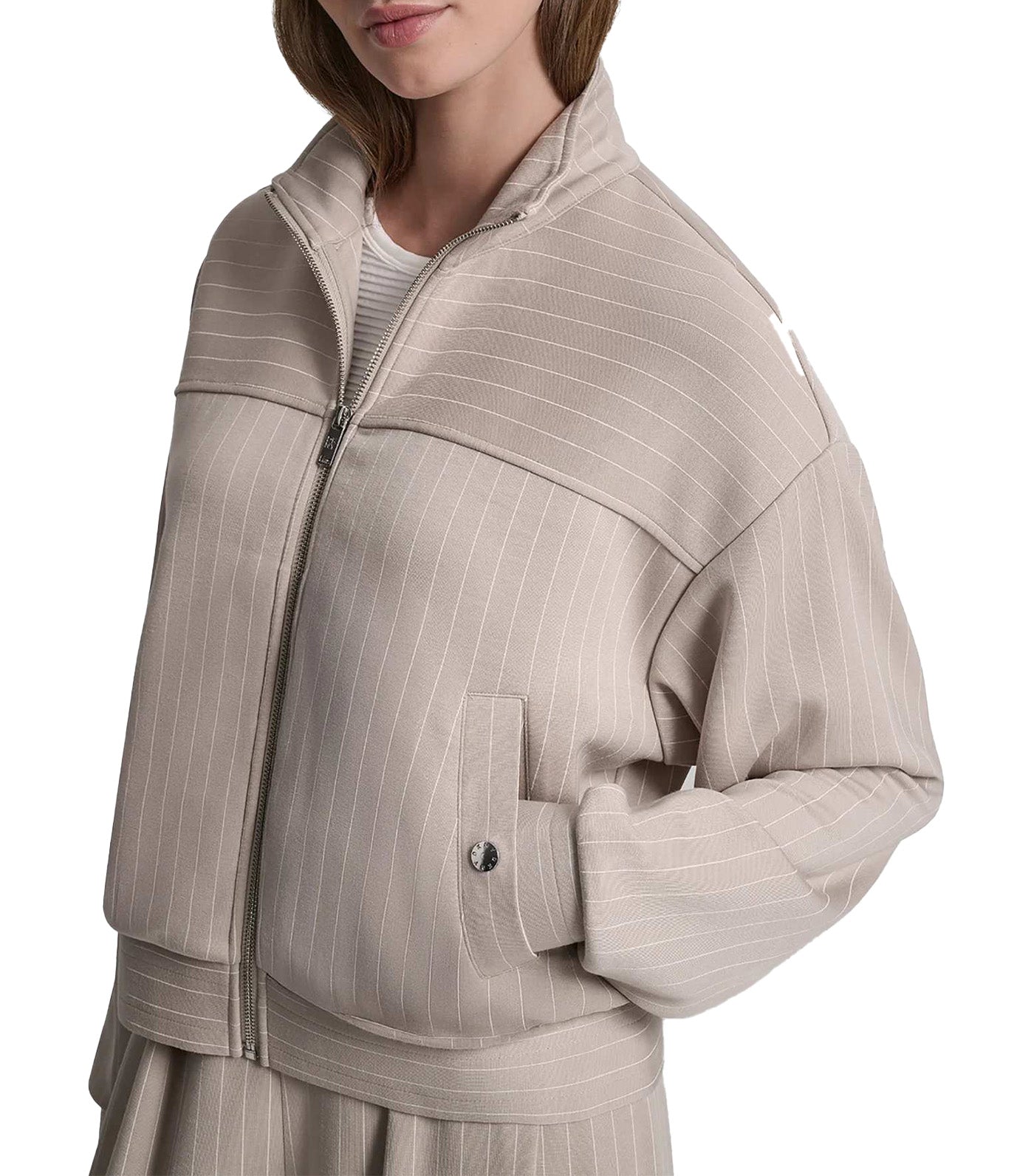 Long Sleeve Full Zip Pinstripe Cupro Track Jacket Pebble Pin